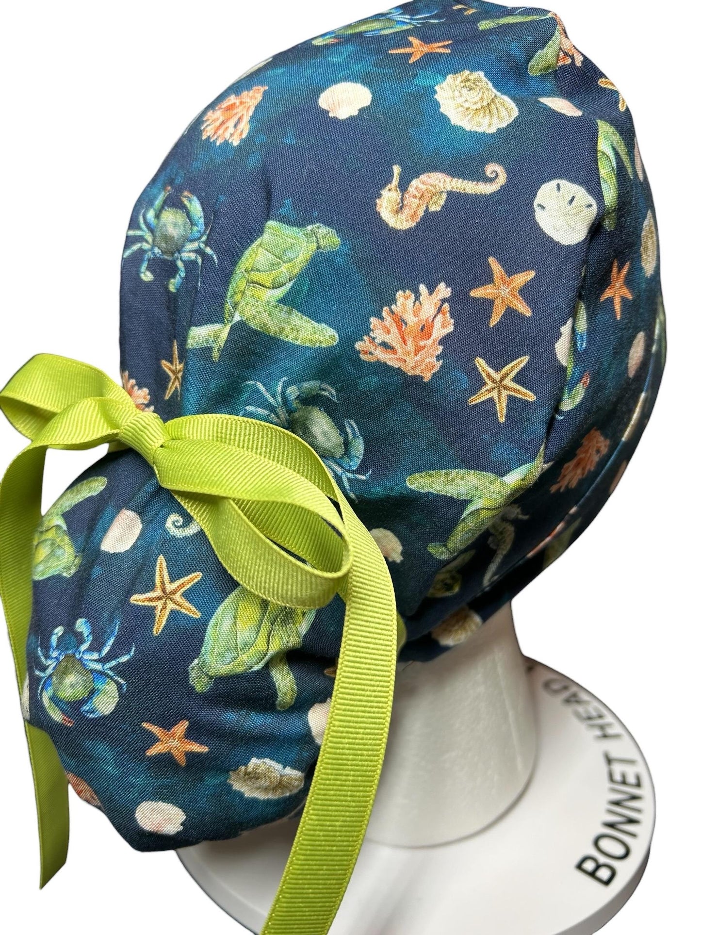 Ocean Print Ponytail Scrub Cap: women’s summer scrub hat with ribbon ties