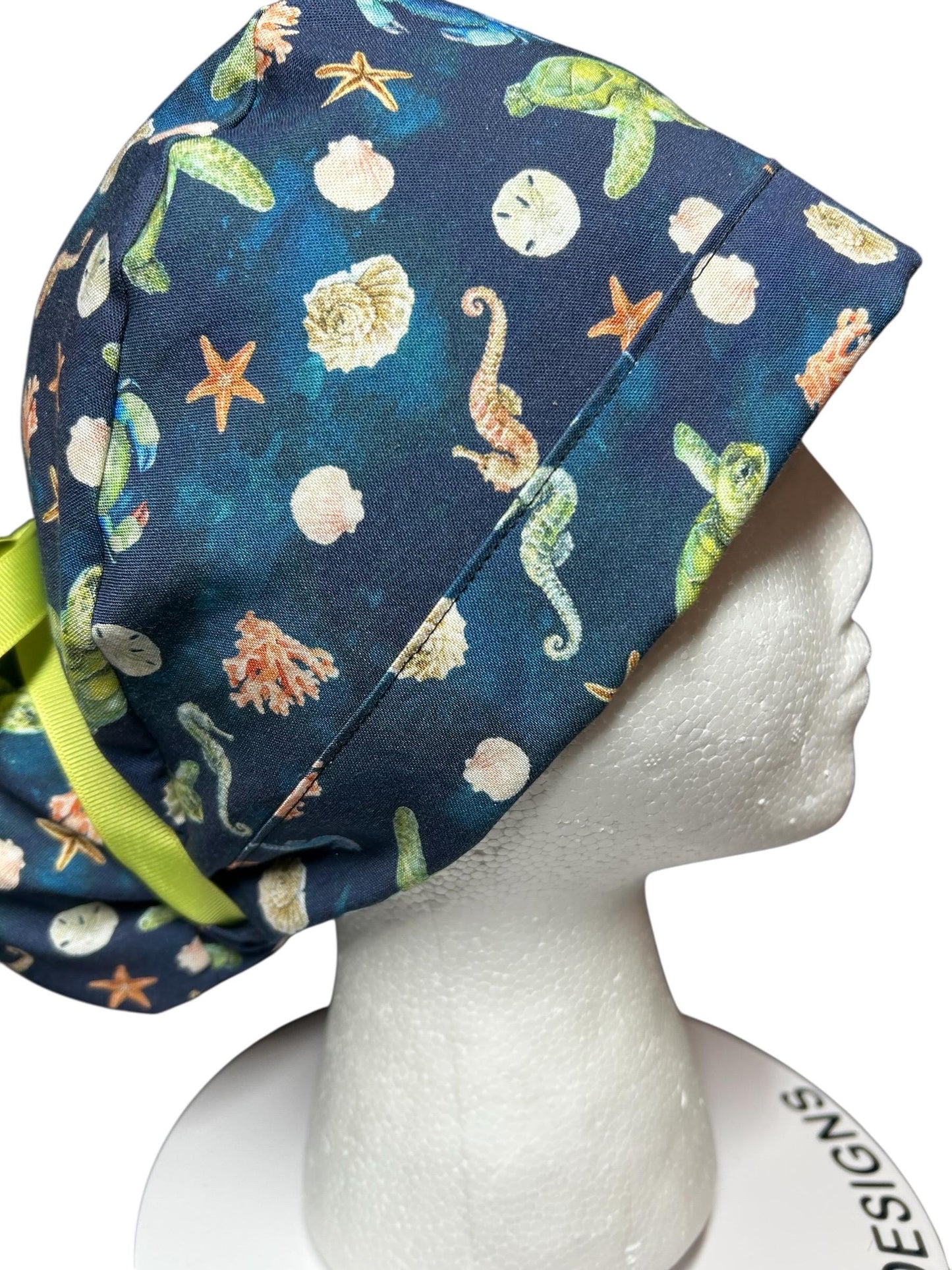 Ocean Print Ponytail Scrub Cap: women’s summer scrub hat with ribbon ties