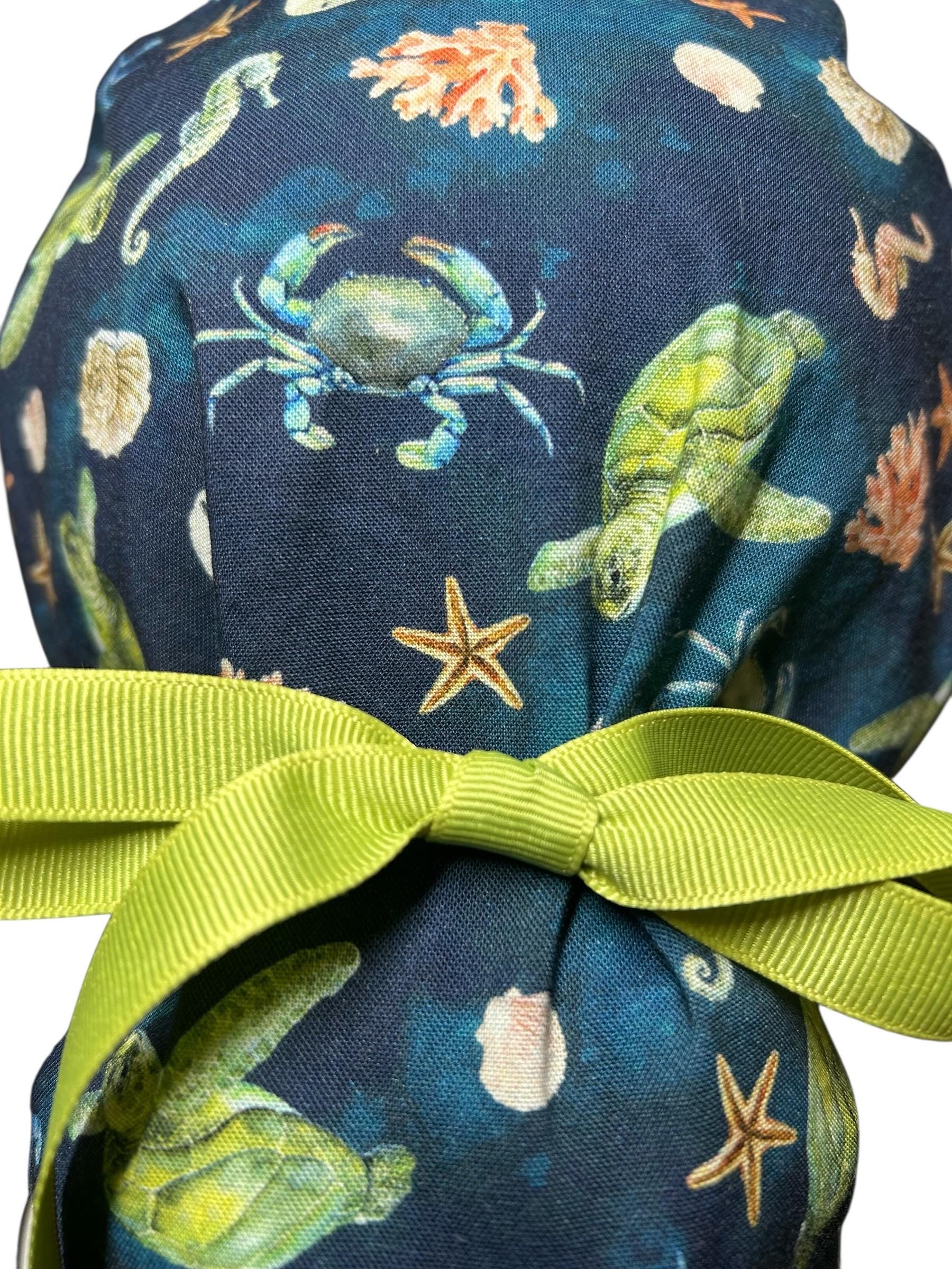 Ocean Print Ponytail Scrub Cap: women’s summer scrub hat with ribbon ties