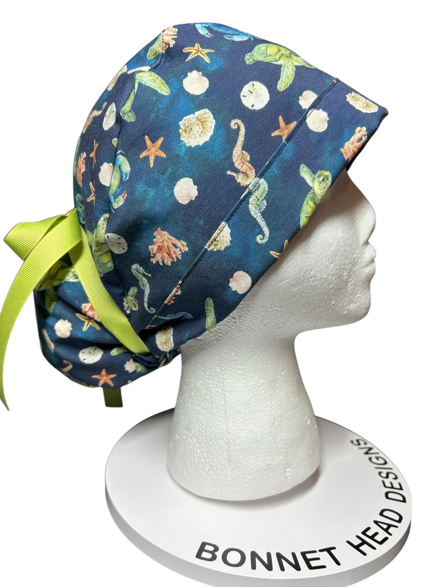 Ocean Print Ponytail Scrub Cap: women’s summer scrub hat with ribbon ties