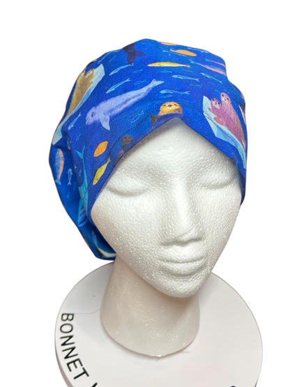 Euro Style Alaska Whales Ocean Themed scrub hat— satin lining optional with toggle