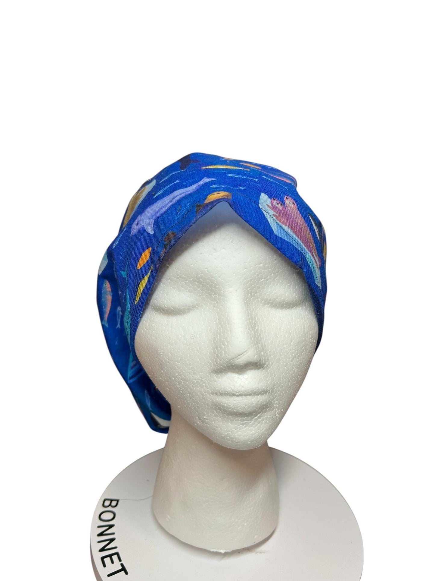 Euro Style Alaska Whales Ocean Themed scrub hat— satin lining optional with toggle