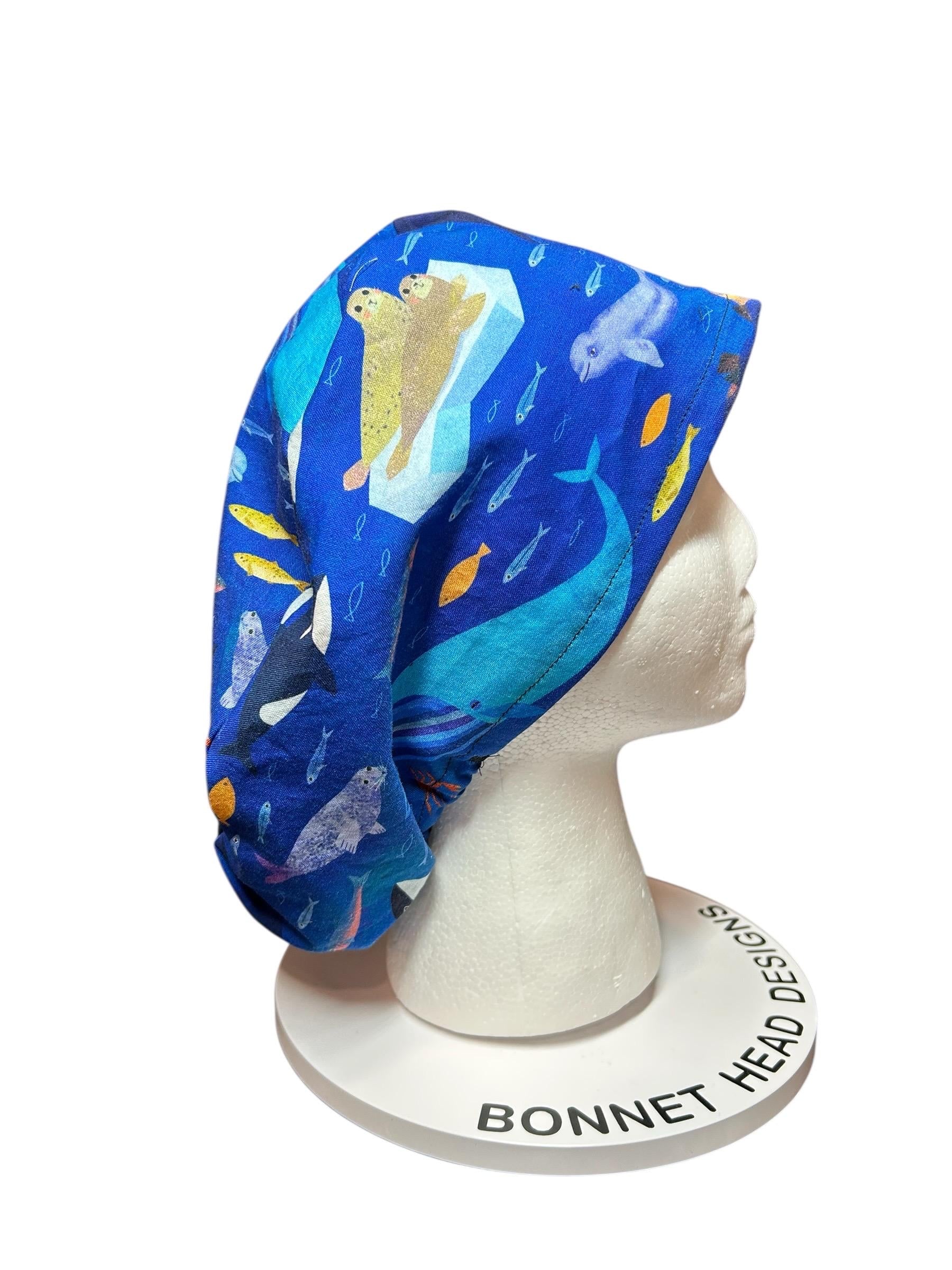 Euro Style Alaska Whales Ocean Themed scrub hat— satin lining optional with toggle