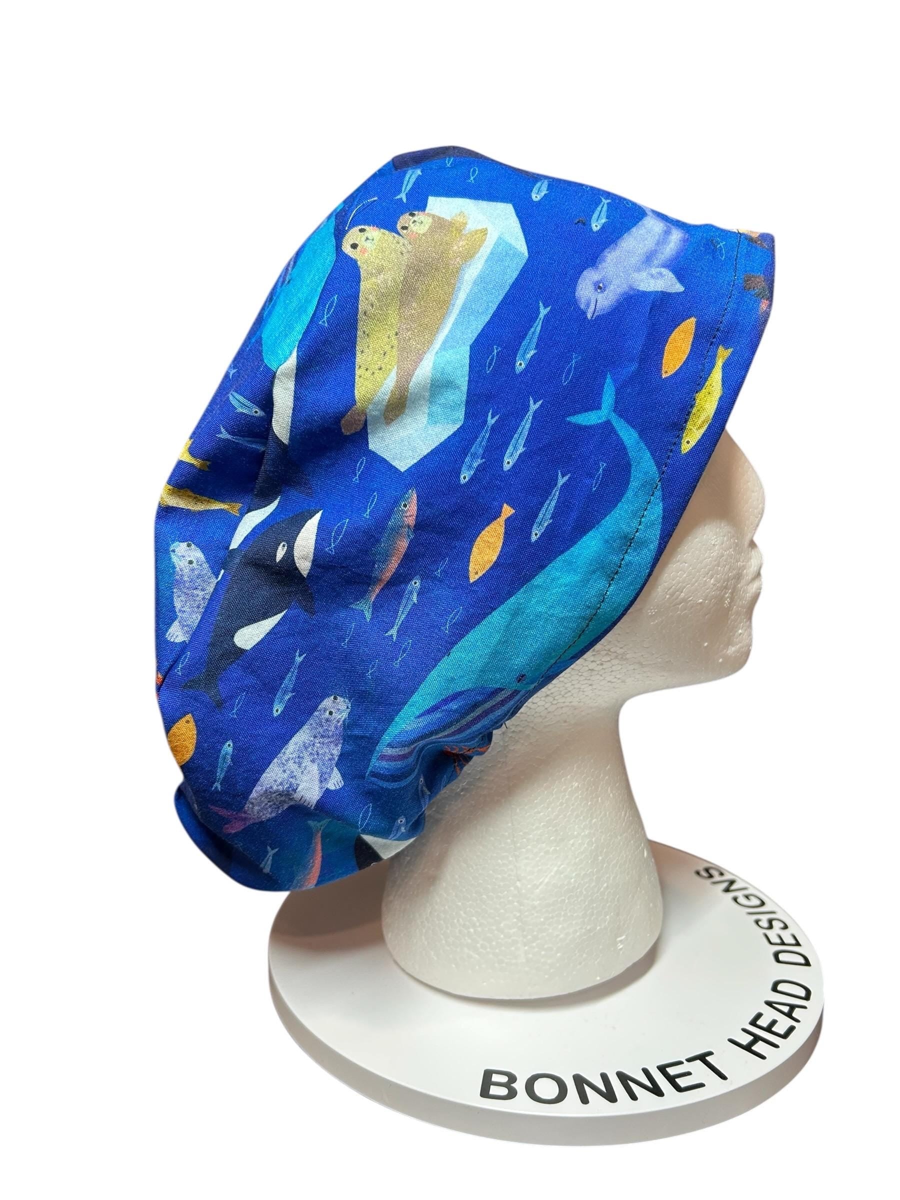 Euro Style Alaska Whales Ocean Themed scrub hat— satin lining optional with toggle