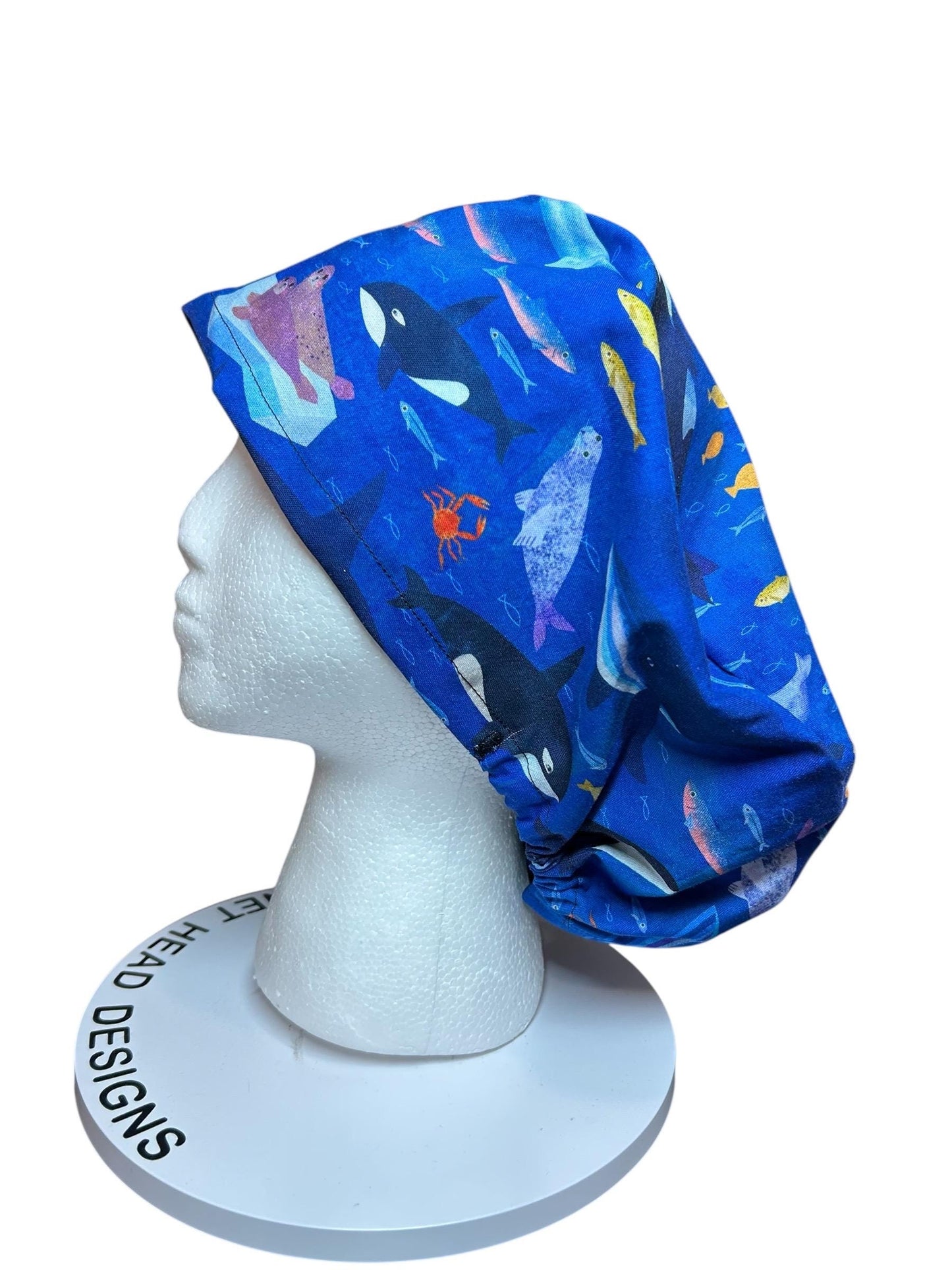 Euro Style Alaska Whales Ocean Themed scrub hat— satin lining optional with toggle