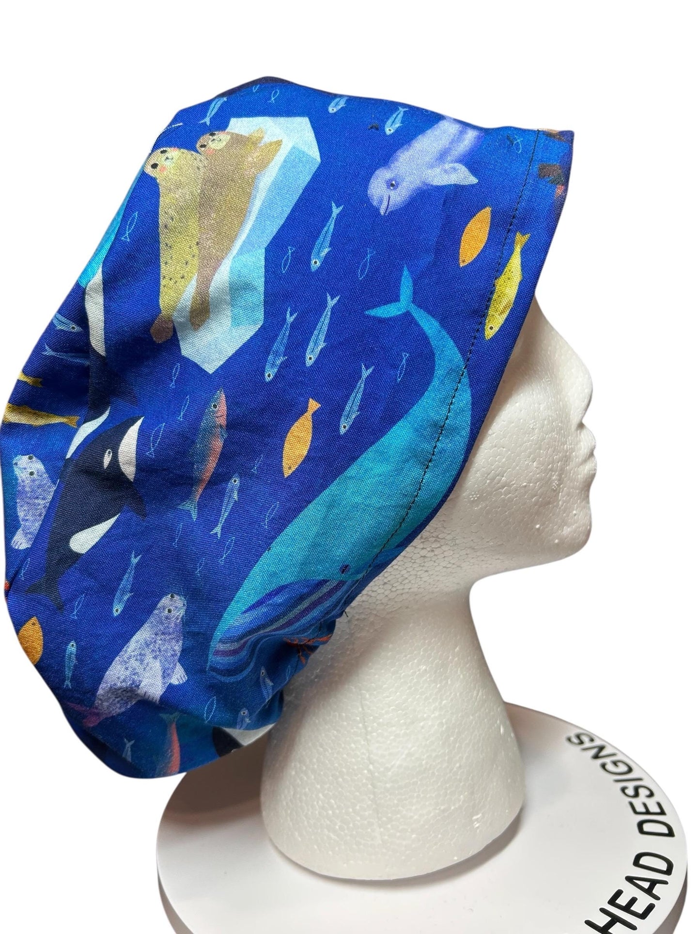 Euro Style Alaska Whales Ocean Themed scrub hat— satin lining optional with toggle