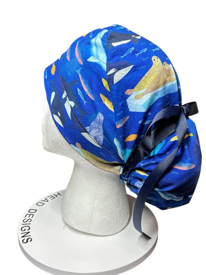 Alaskan Ocean Print Ponytail Scrub Cap: women’s summer scrub hat with ribbon ties