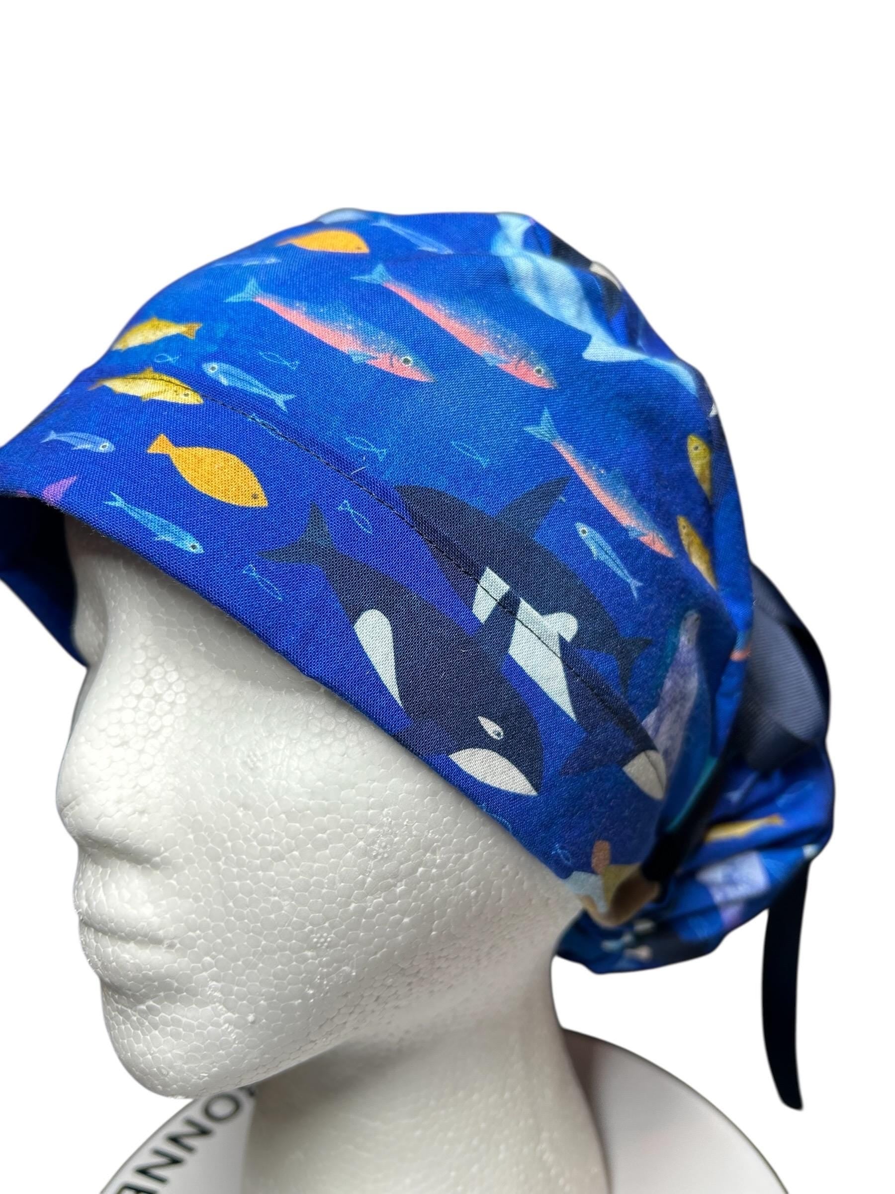 Alaskan Ocean Print Ponytail Scrub Cap: women’s summer scrub hat with ribbon ties