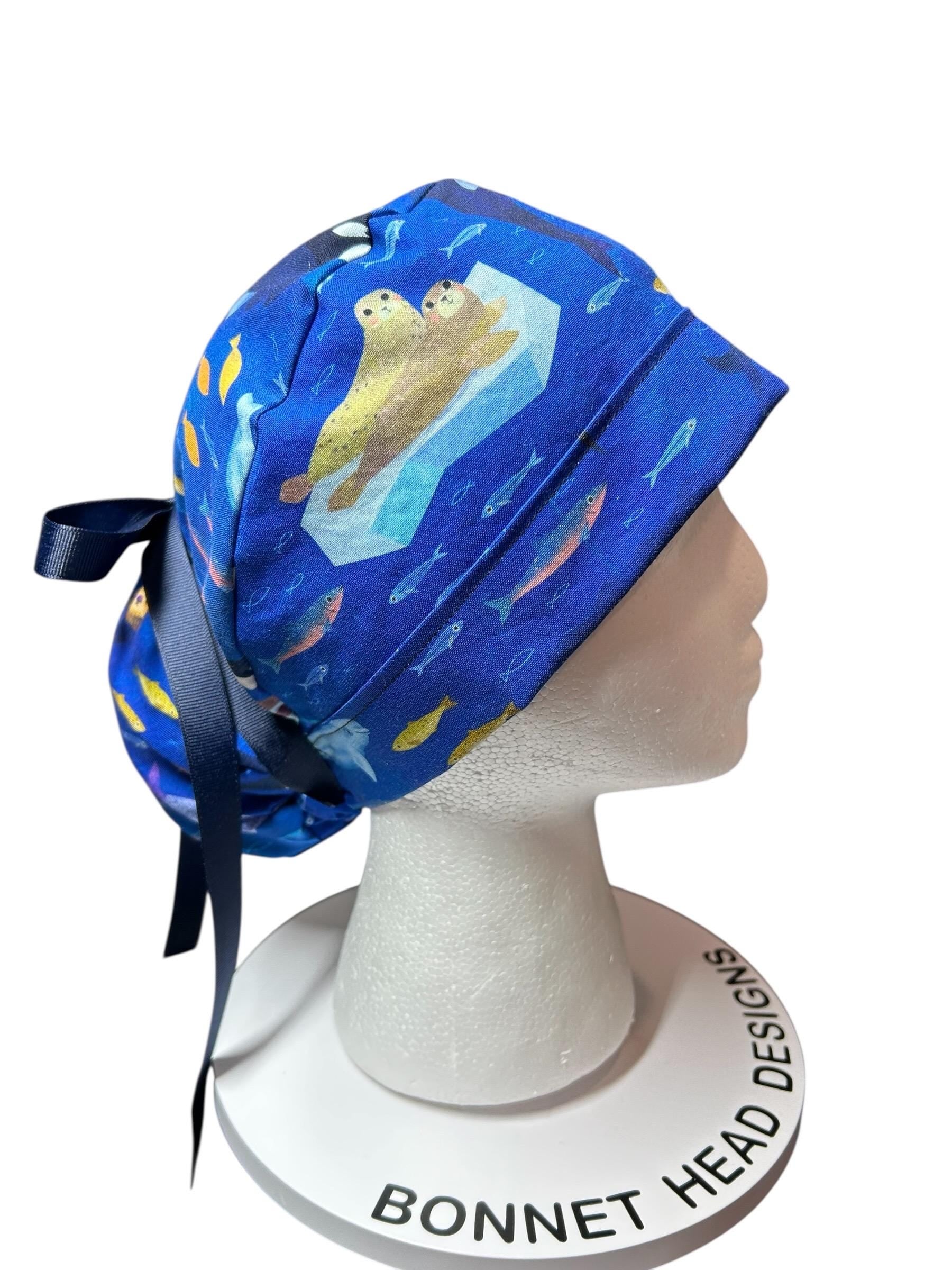 Alaskan Ocean Print Ponytail Scrub Cap: women’s summer scrub hat with ribbon ties