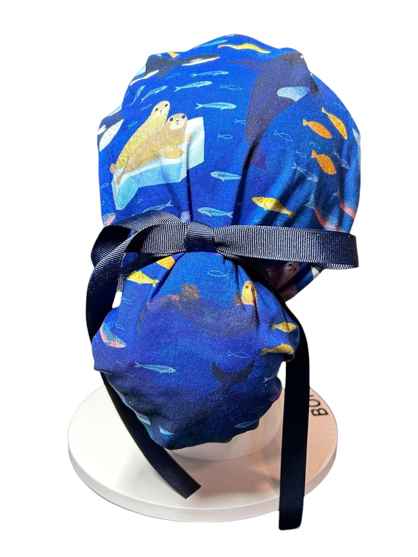 Alaskan Ocean Print Ponytail Scrub Cap: women’s summer scrub hat with ribbon ties