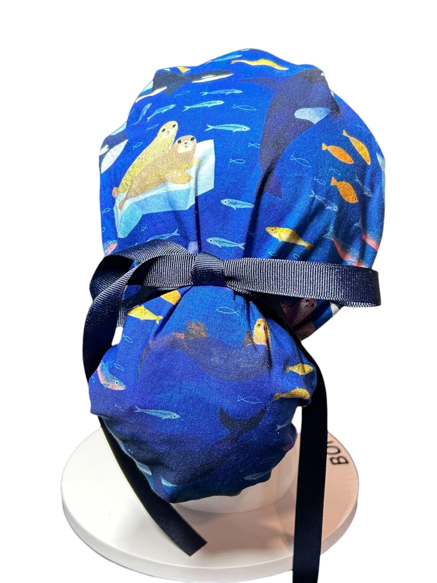 Alaskan Ocean Print Ponytail Scrub Cap: women’s summer scrub hat with ribbon ties