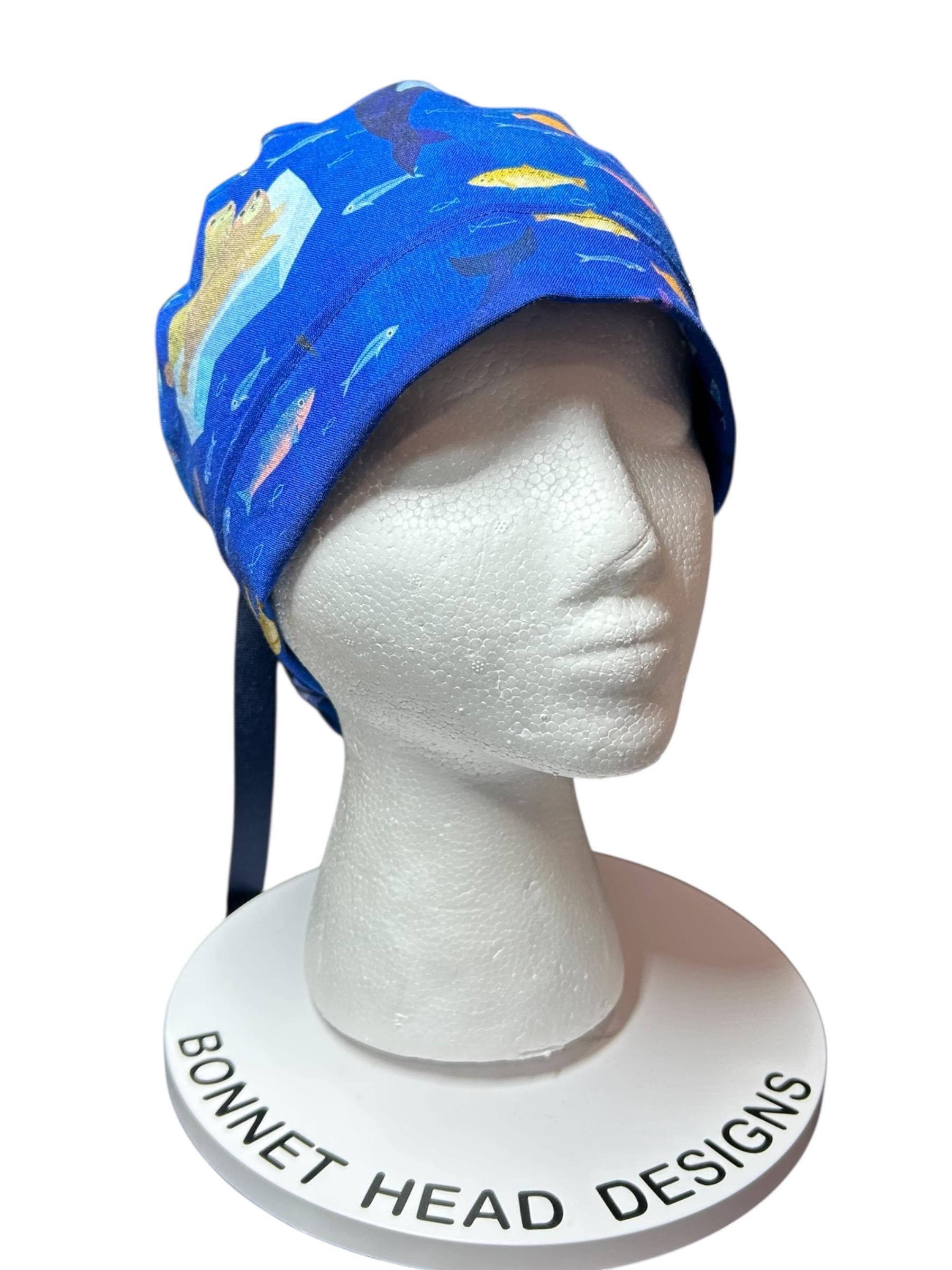 Alaskan Ocean Print Ponytail Scrub Cap: women’s summer scrub hat with ribbon ties
