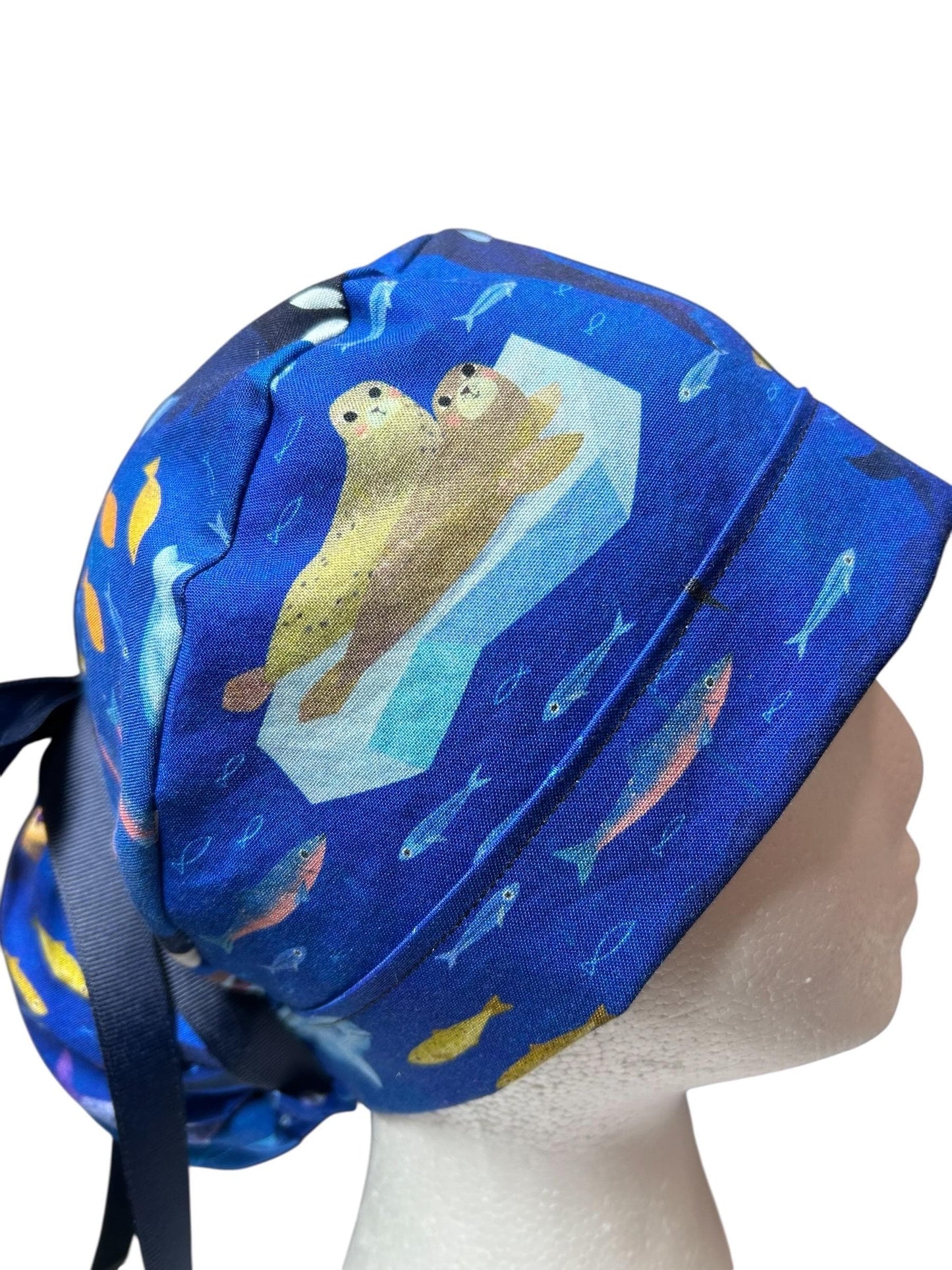Alaskan Ocean Print Ponytail Scrub Cap: women’s summer scrub hat with ribbon ties