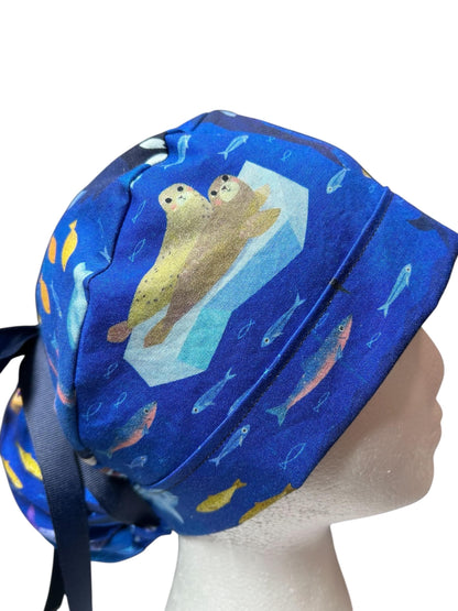 Alaskan Ocean Print Ponytail Scrub Cap: women’s summer scrub hat with ribbon ties