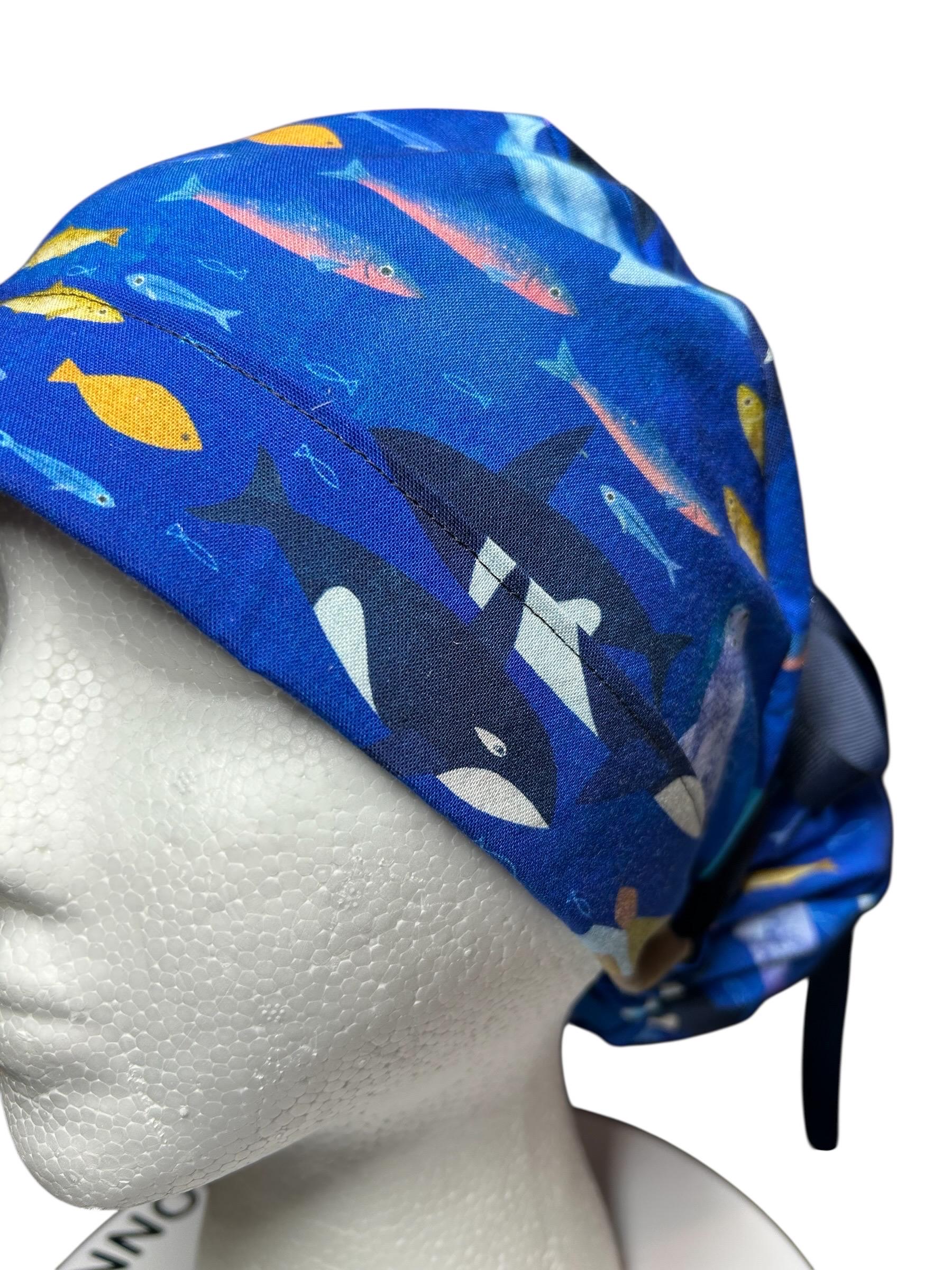 Alaskan Ocean Print Ponytail Scrub Cap: women’s summer scrub hat with ribbon ties