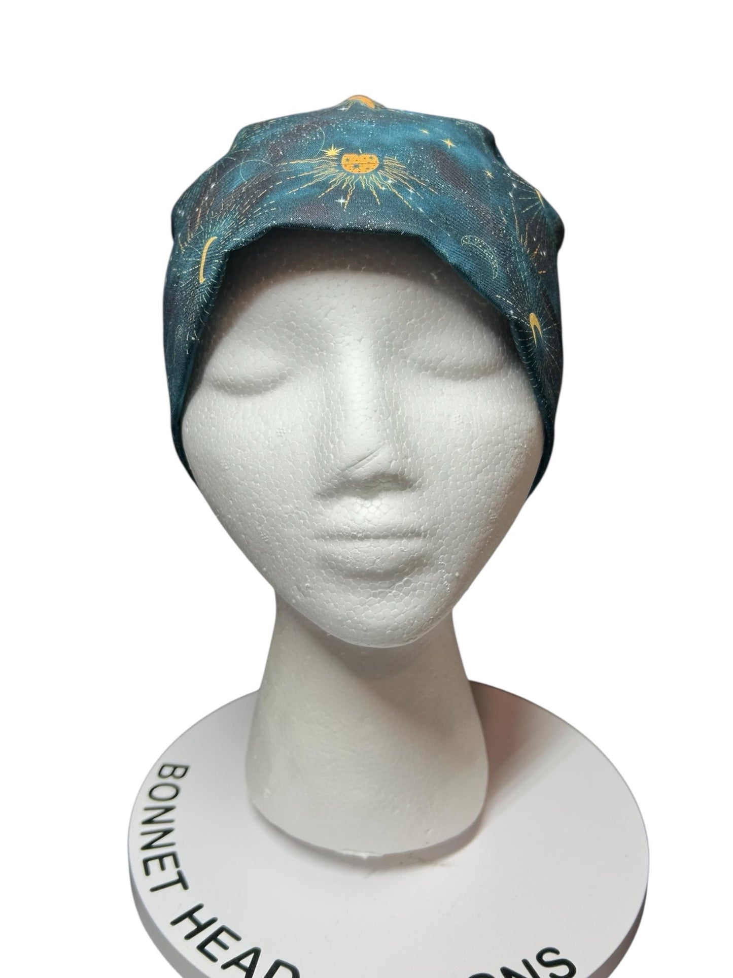 Celestial Sun and Stars Scrub Cap with Ponytail Pouch and Cinch Ties