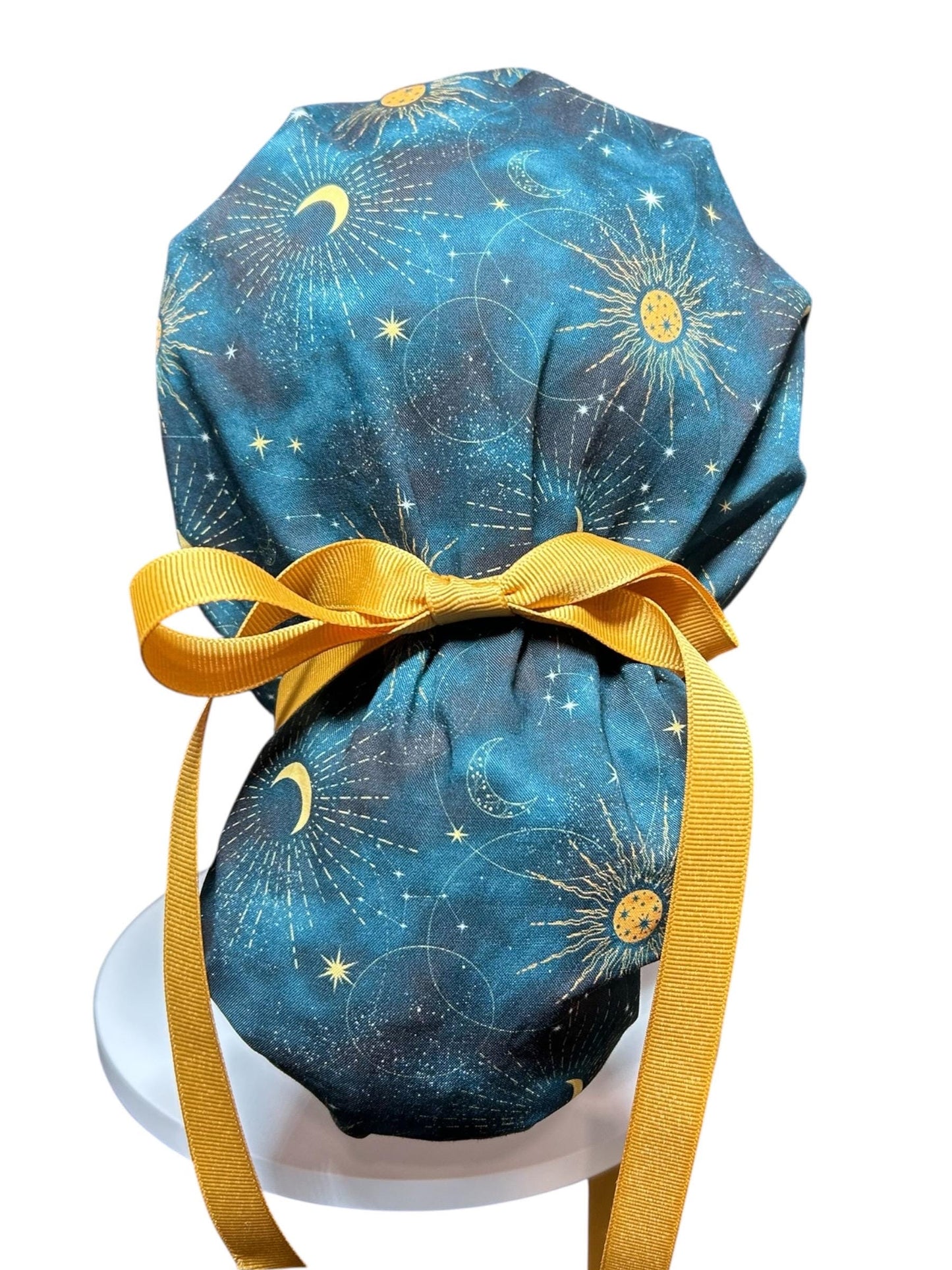 Celestial Sun and Stars Scrub Cap with Ponytail Pouch and Cinch Ties