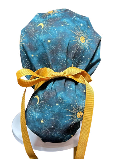 Celestial Sun and Stars Scrub Cap with Ponytail Pouch and Cinch Ties