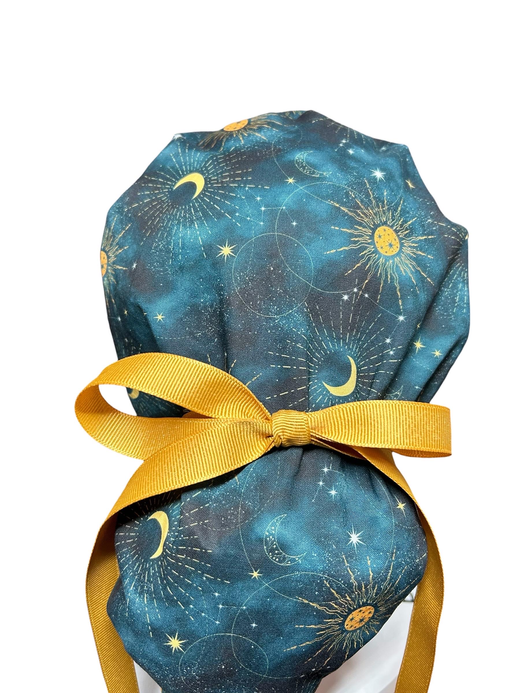 Celestial Sun and Stars Scrub Cap with Ponytail Pouch and Cinch Ties