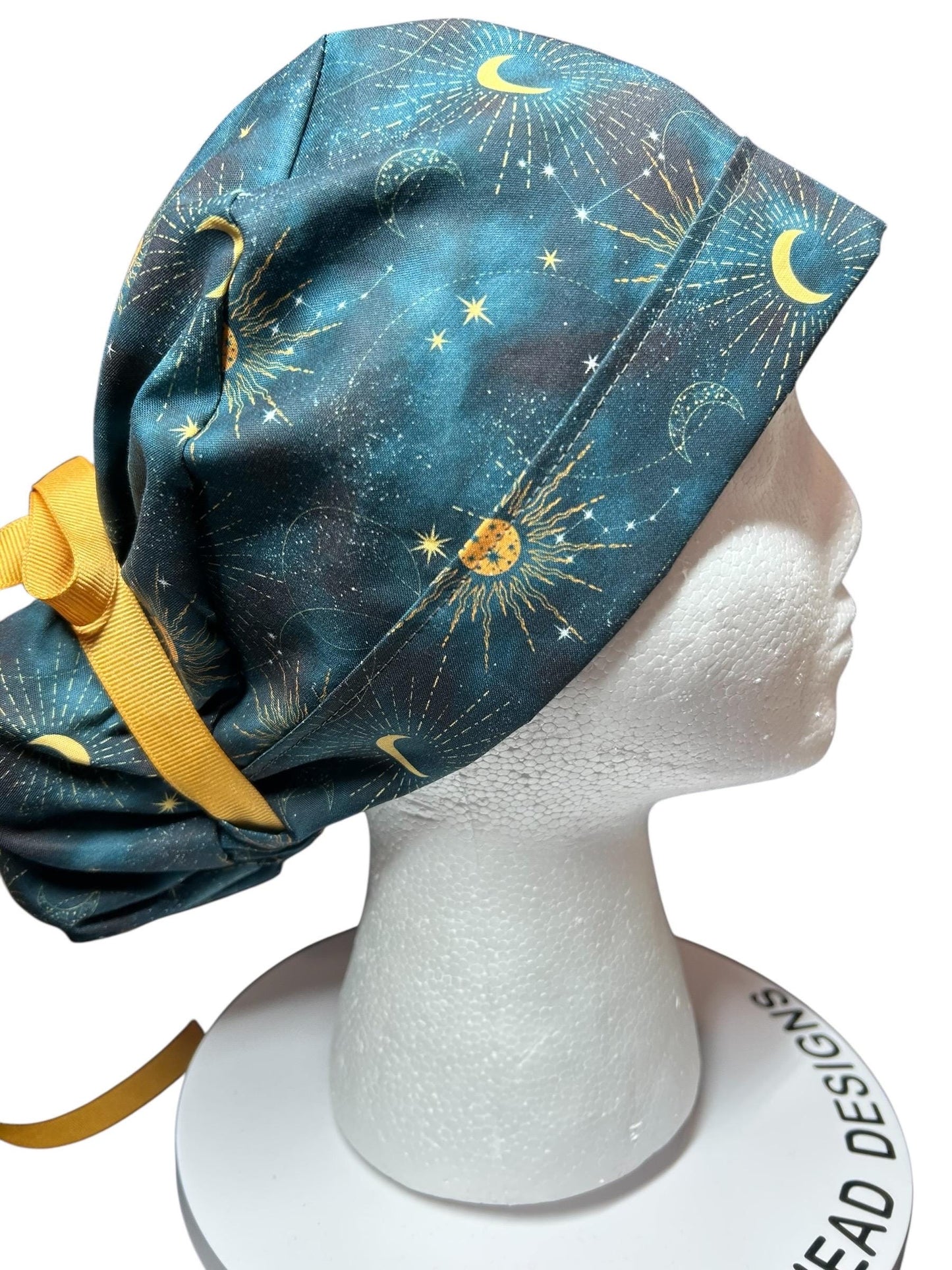 Celestial Sun and Stars Scrub Cap with Ponytail Pouch and Cinch Ties
