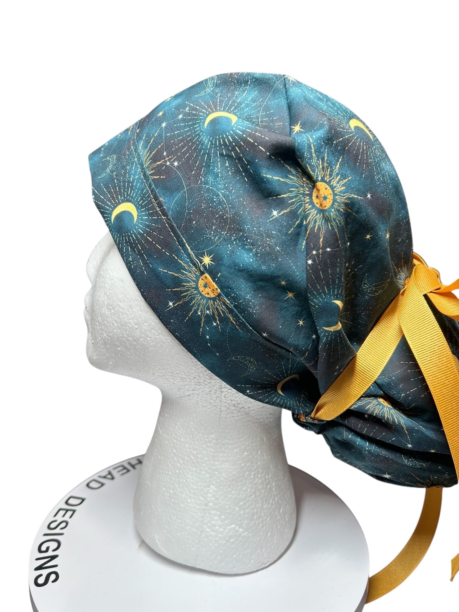 Celestial Sun and Stars Scrub Cap with Ponytail Pouch and Cinch Ties