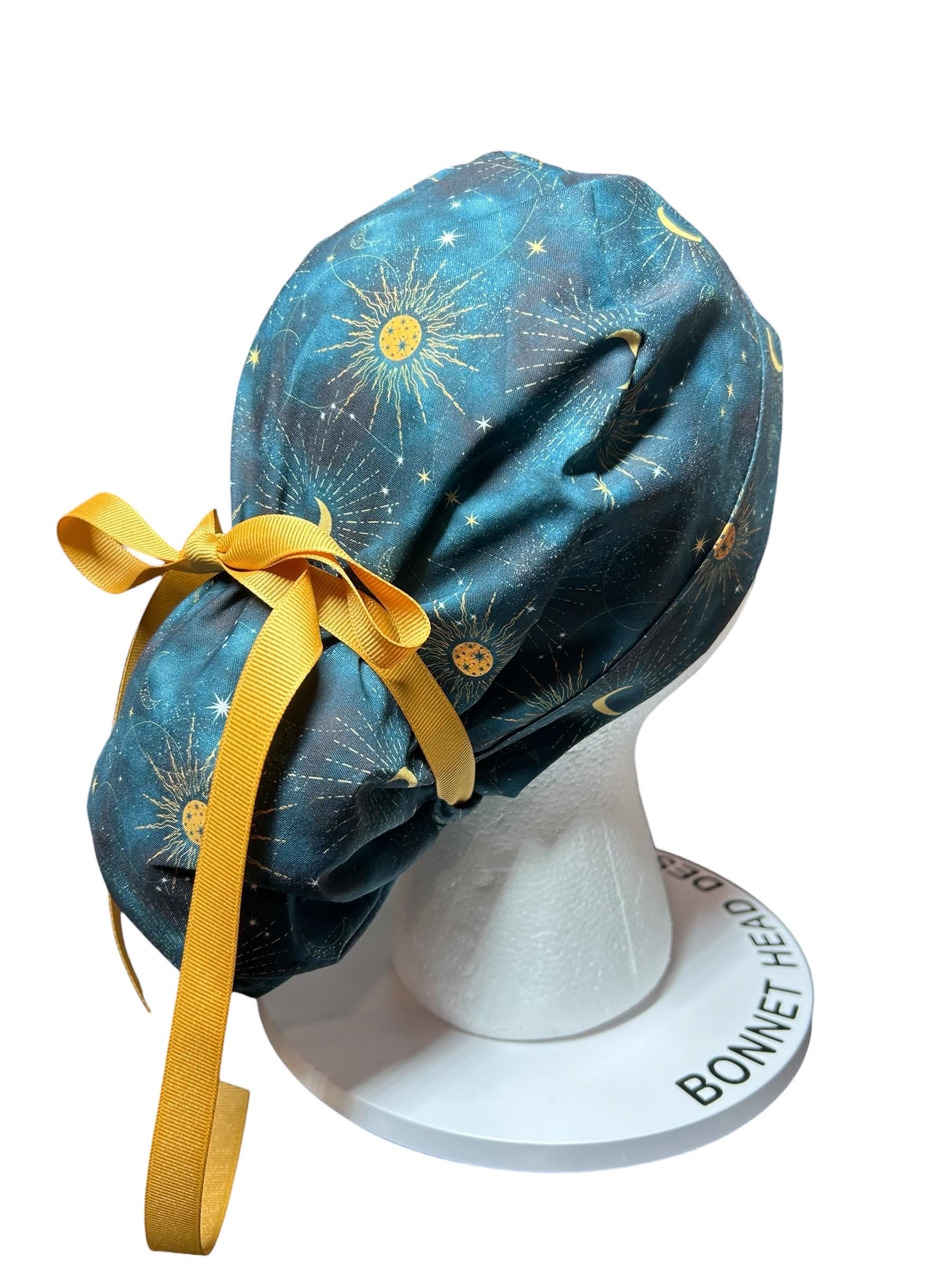 Celestial Sun and Stars Scrub Cap with Ponytail Pouch and Cinch Ties