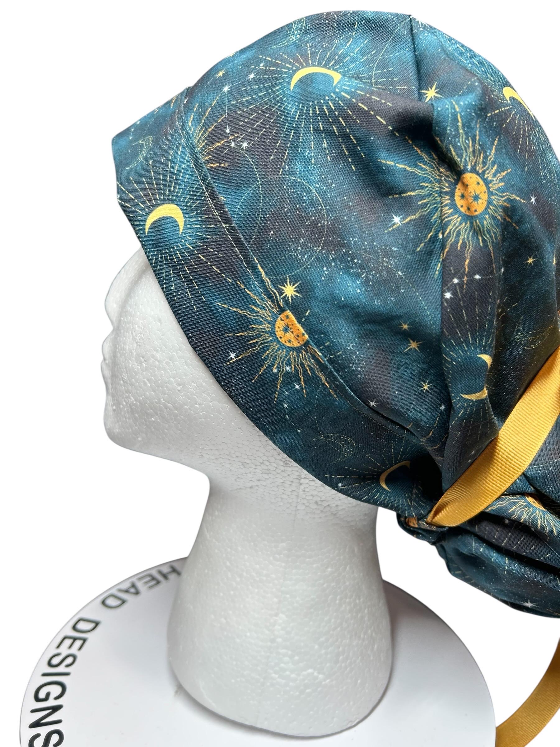 Celestial Sun and Stars Scrub Cap with Ponytail Pouch and Cinch Ties