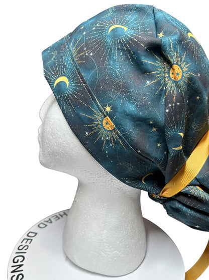 Celestial Sun and Stars Scrub Cap with Ponytail Pouch and Cinch Ties