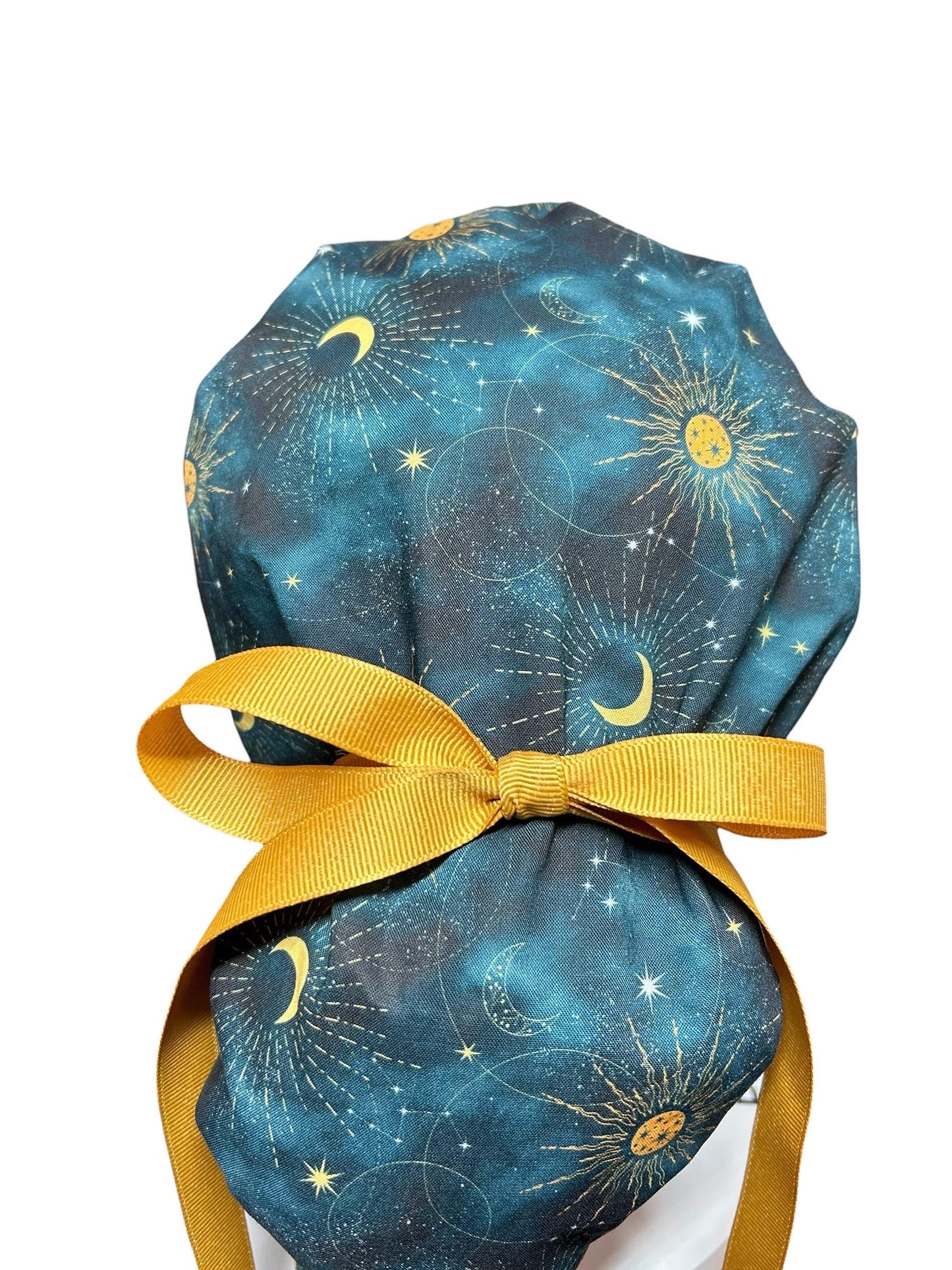 Celestial Sun and Stars Scrub Cap with Ponytail Pouch and Cinch Ties