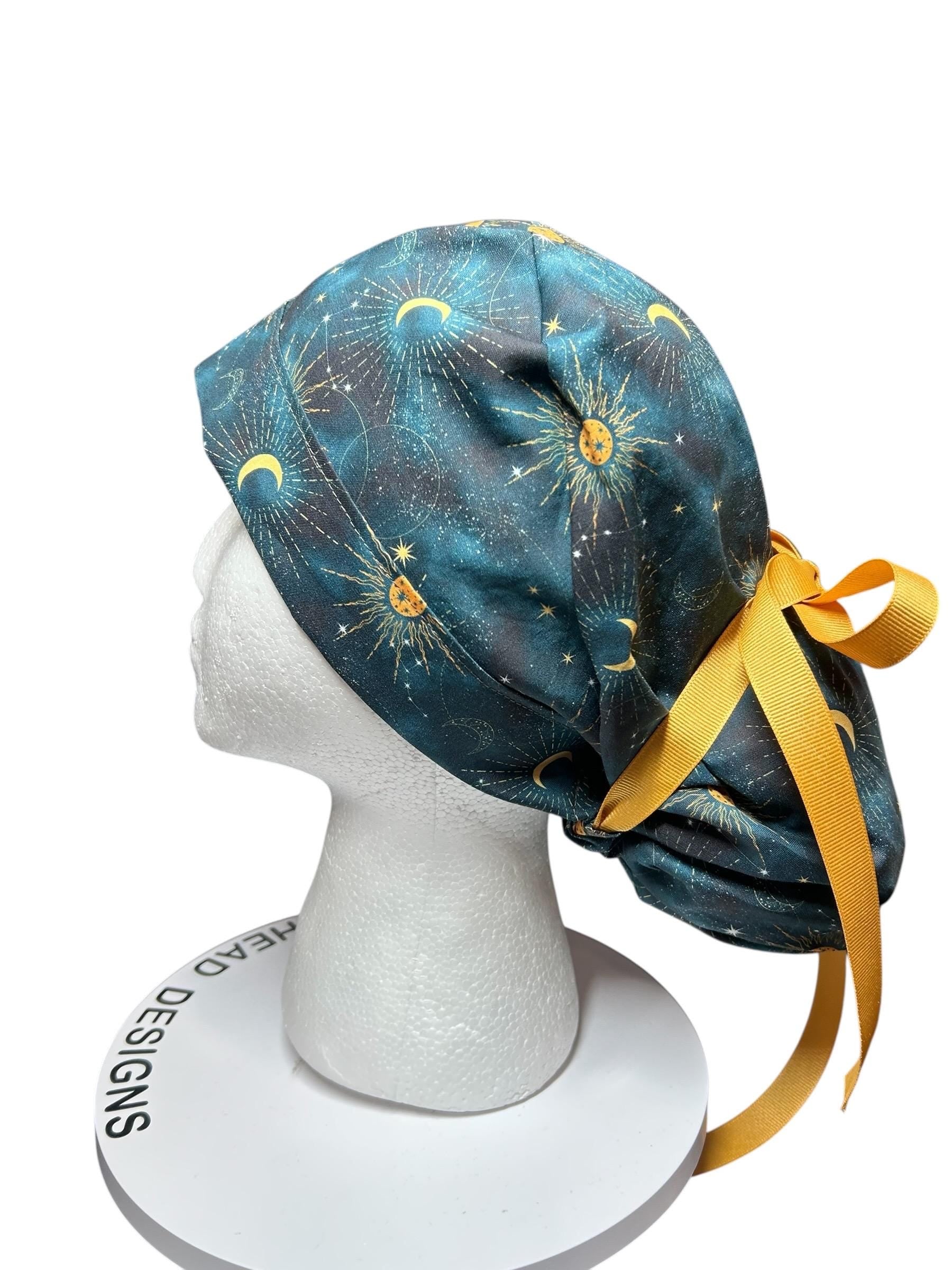 Celestial Sun and Stars Scrub Cap with Ponytail Pouch and Cinch Ties