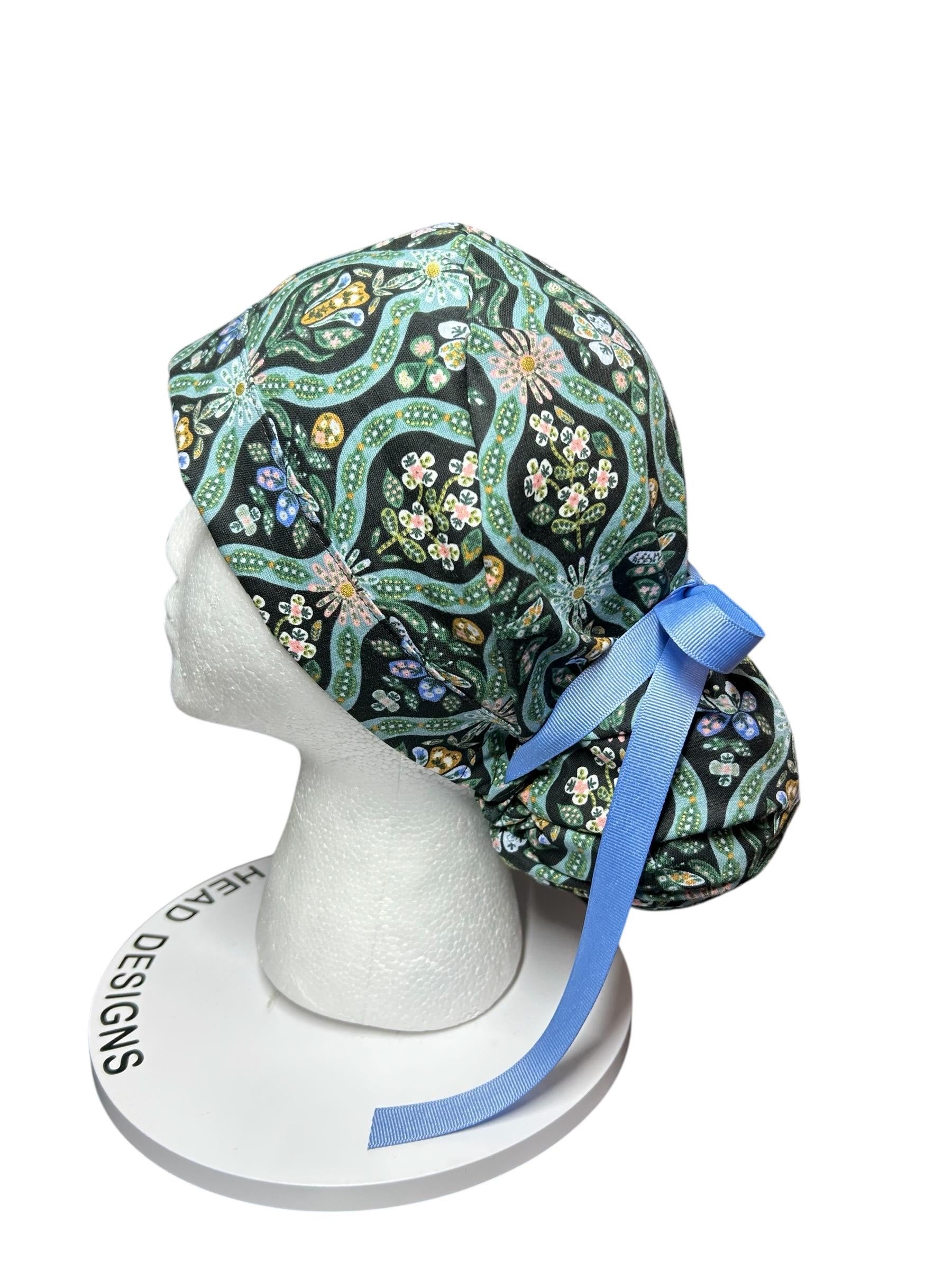 English Rose Posey print ponytail scrub cap: Rifle Paper Co fabric with ribbon ties