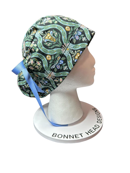 English Rose Posey print ponytail scrub cap: Rifle Paper Co fabric with ribbon ties