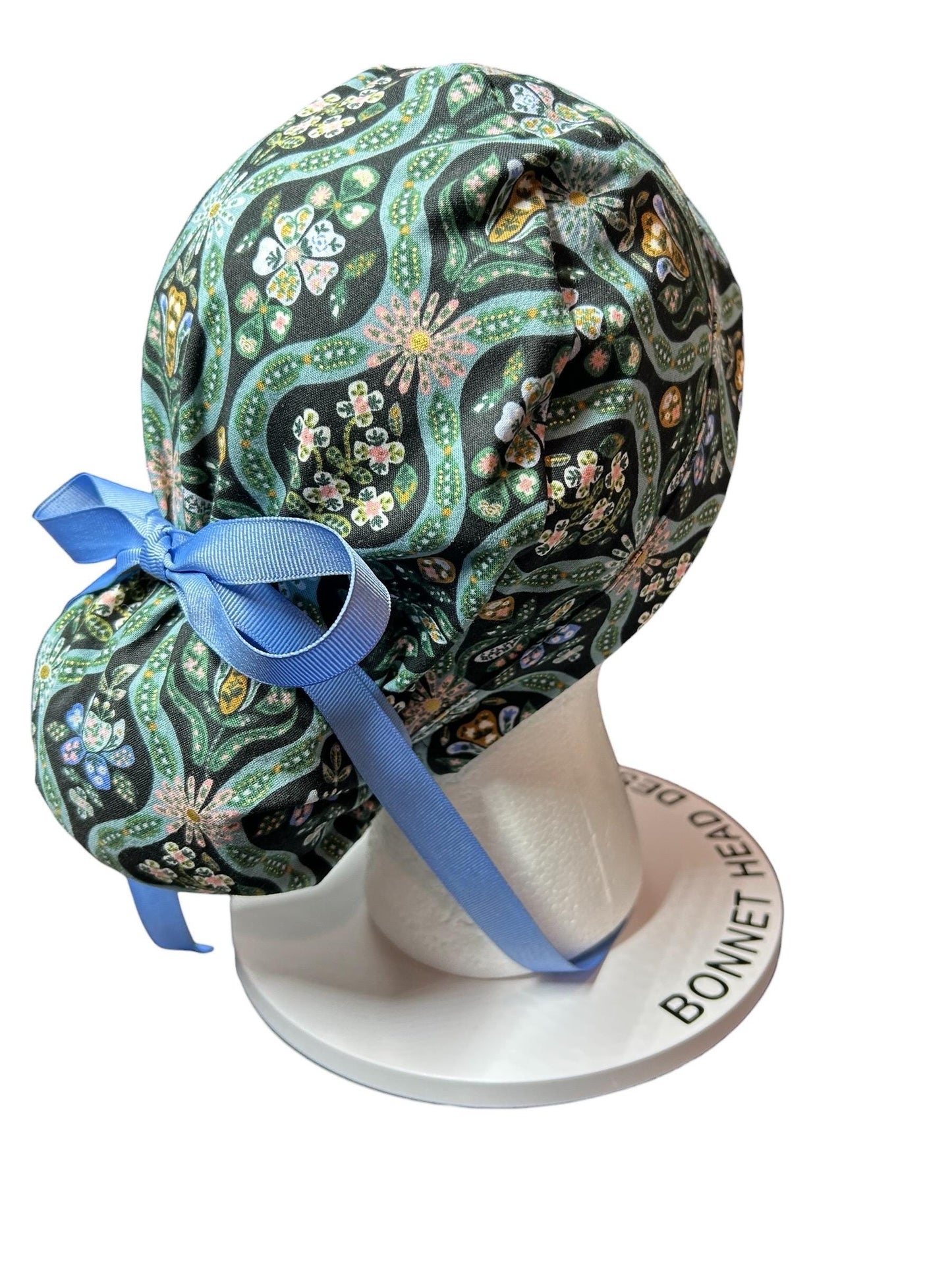 English Rose Posey print ponytail scrub cap: Rifle Paper Co fabric with ribbon ties