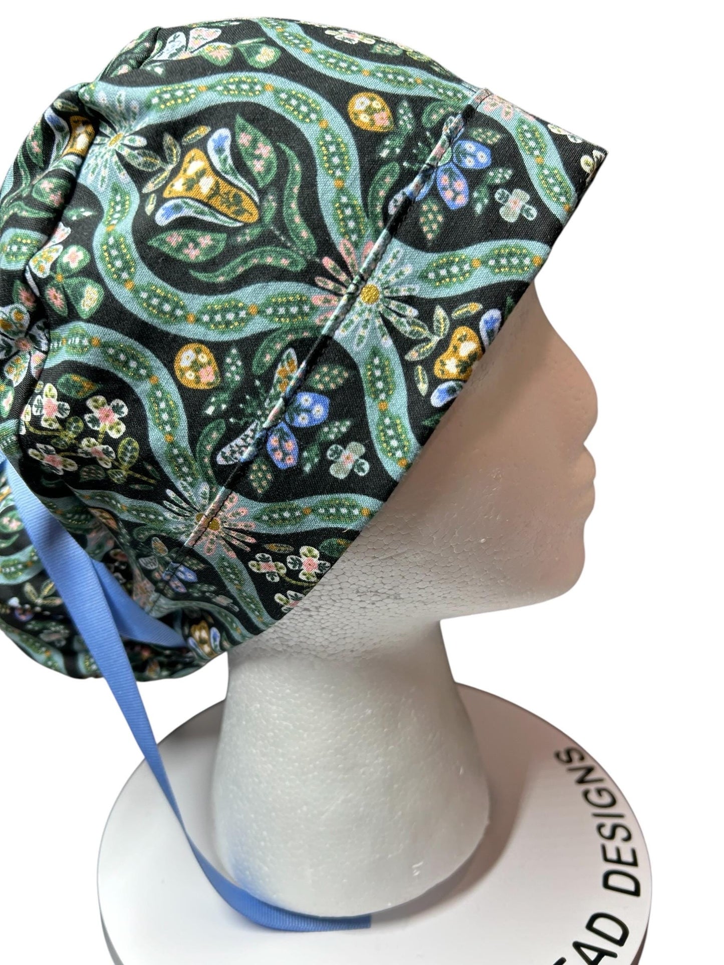 English Rose Posey print ponytail scrub cap: Rifle Paper Co fabric with ribbon ties
