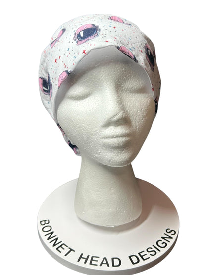 Pink Astronaut euro style scrub cap- cute women’s scrub hat with elastic and toggle