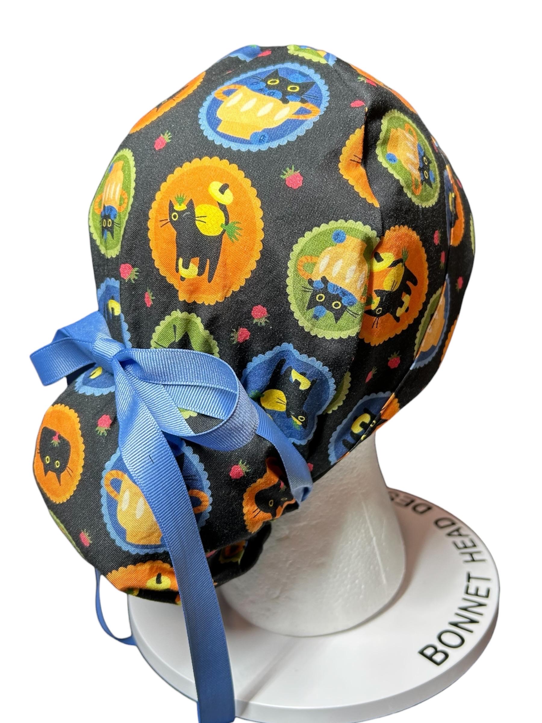 Women's Scrub Cap| cat print hat with ribbon ties | Puurfect Parfait