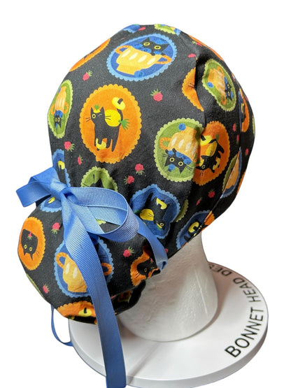 Women's Scrub Cap| cat print hat with ribbon ties | Puurfect Parfait