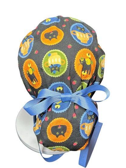 Women's Scrub Cap| cat print hat with ribbon ties | Puurfect Parfait