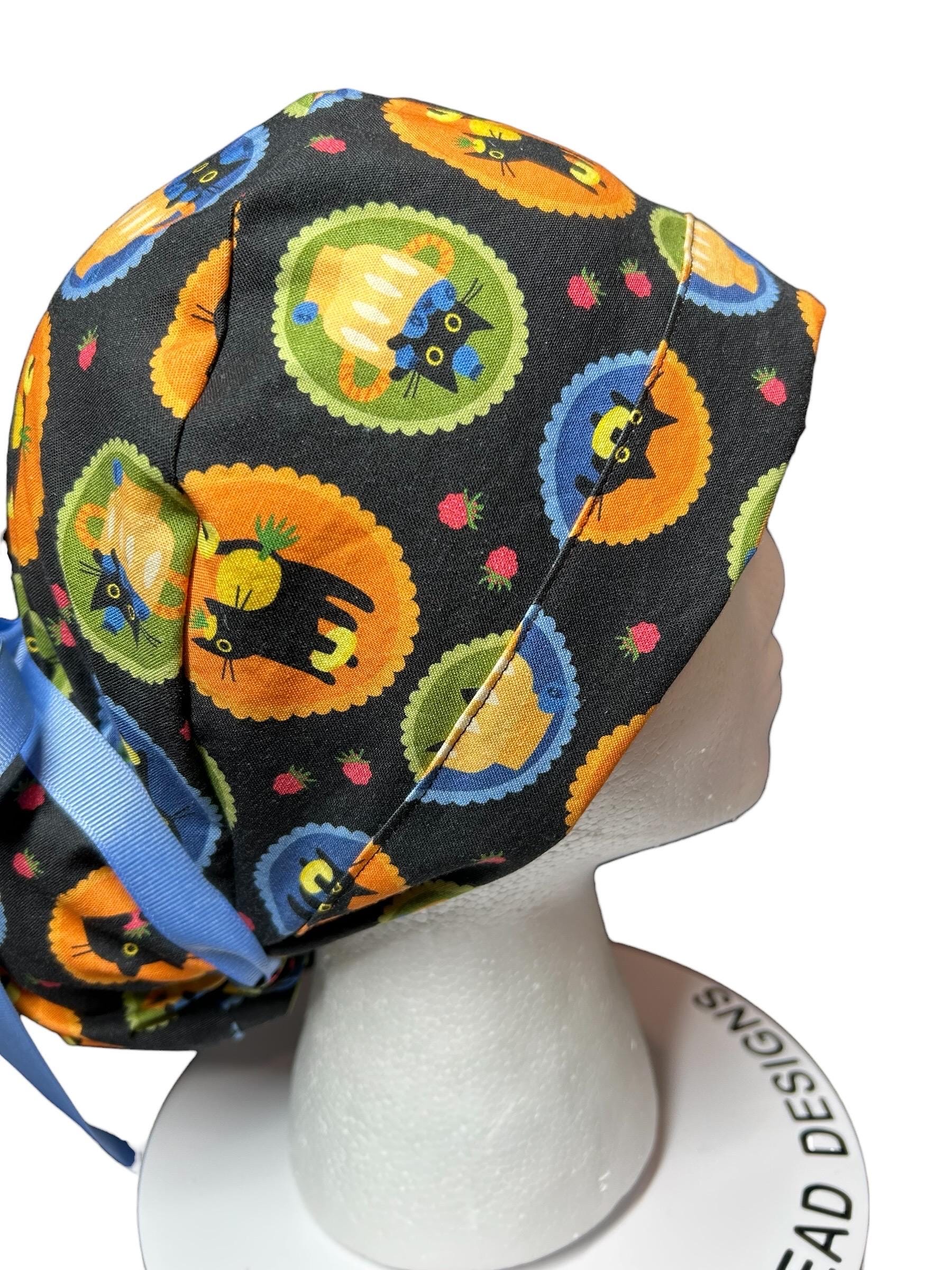 Women's Scrub Cap| cat print hat with ribbon ties | Puurfect Parfait
