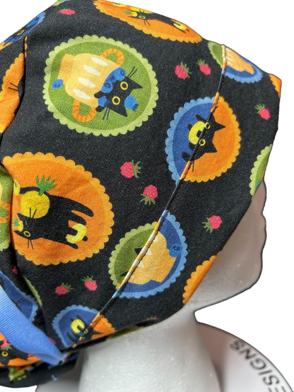 Women's Scrub Cap| cat print hat with ribbon ties | Puurfect Parfait