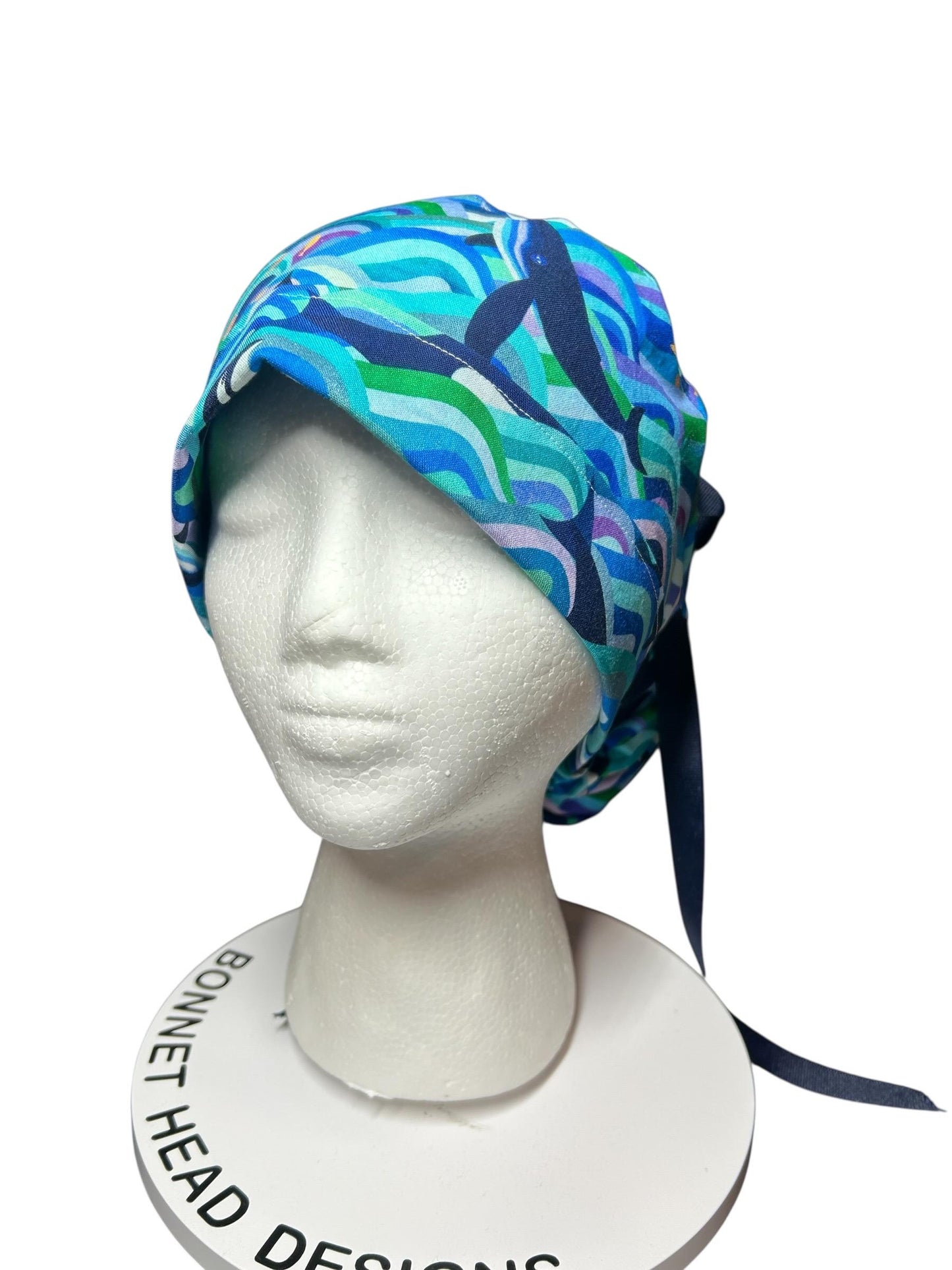 Ponytail Scrub Hat (Optional Satin Lining) | Colorful Orca Whales