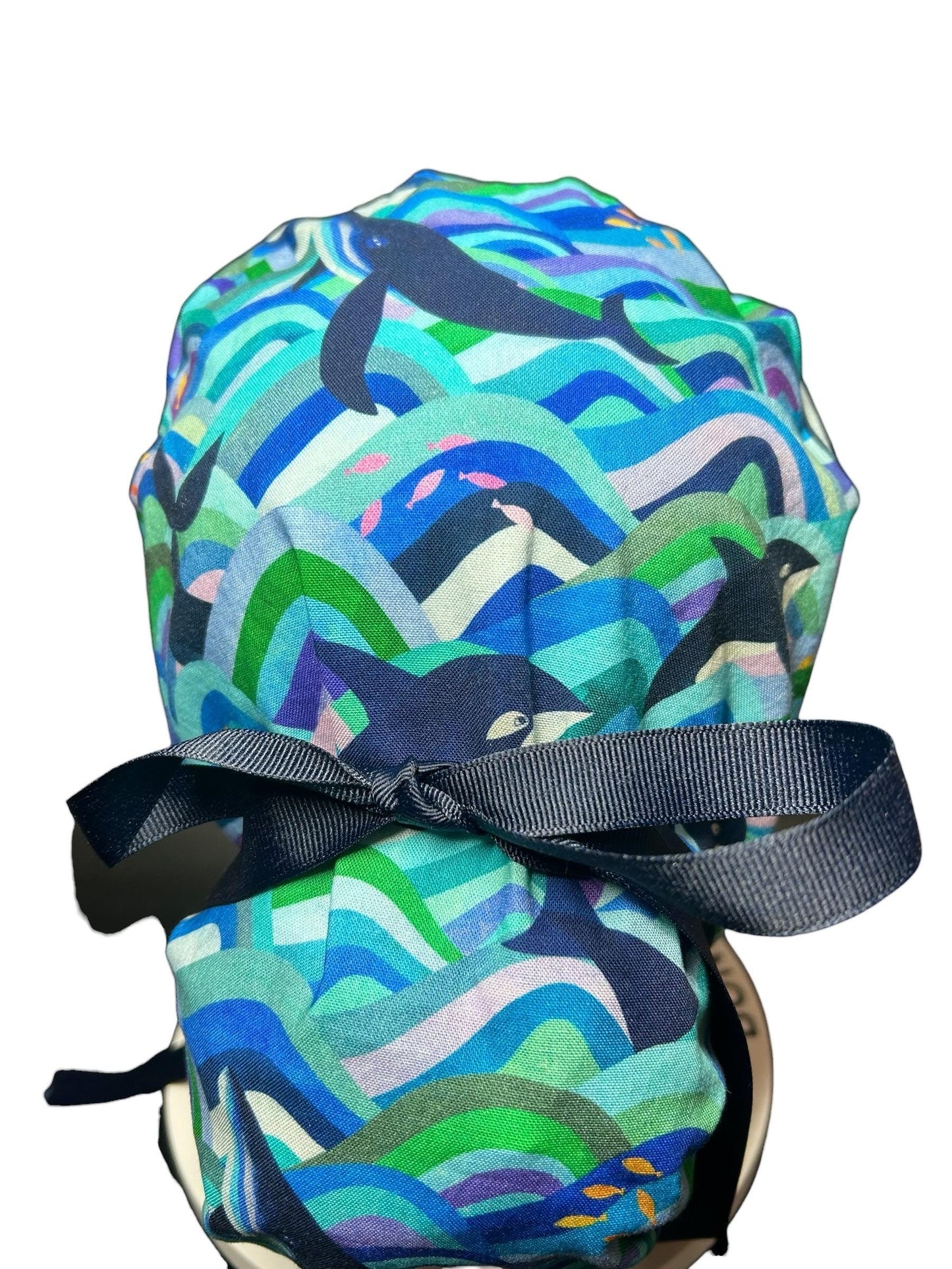Ponytail Scrub Hat (Optional Satin Lining) | Colorful Orca Whales