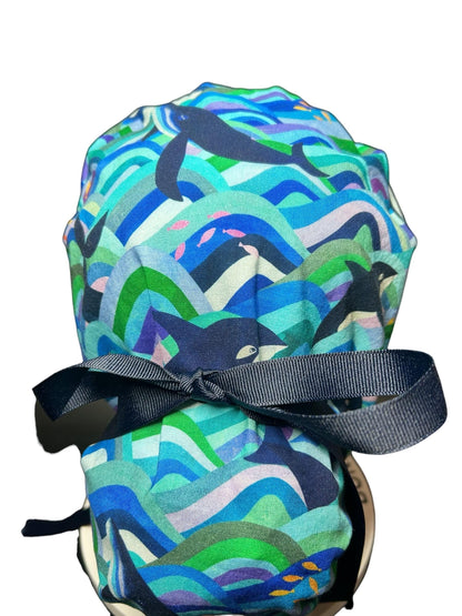 Ponytail Scrub Hat (Optional Satin Lining) | Colorful Orca Whales