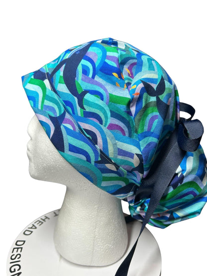 Ponytail Scrub Hat (Optional Satin Lining) | Colorful Orca Whales