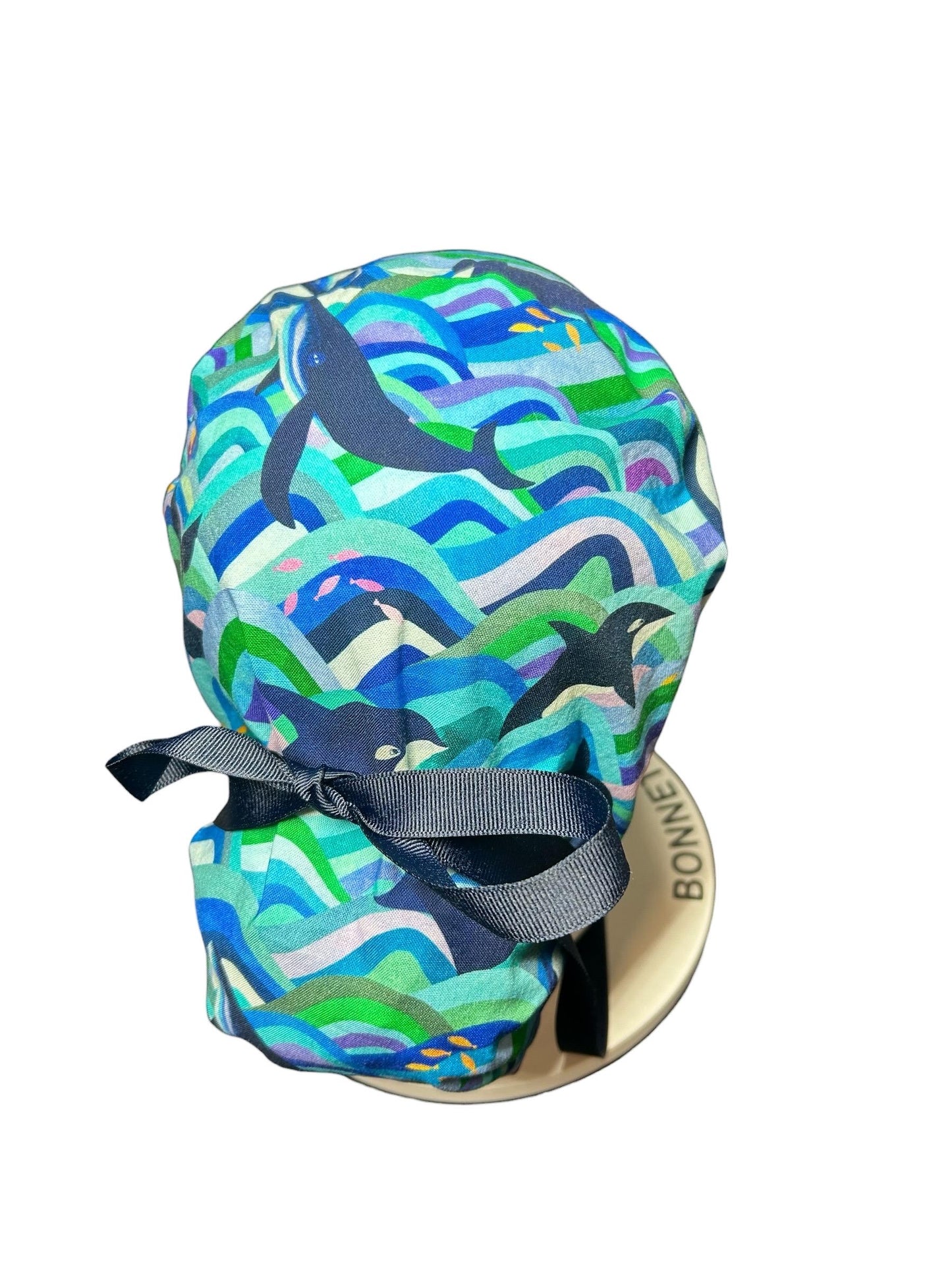 Ponytail Scrub Hat (Optional Satin Lining) | Colorful Orca Whales