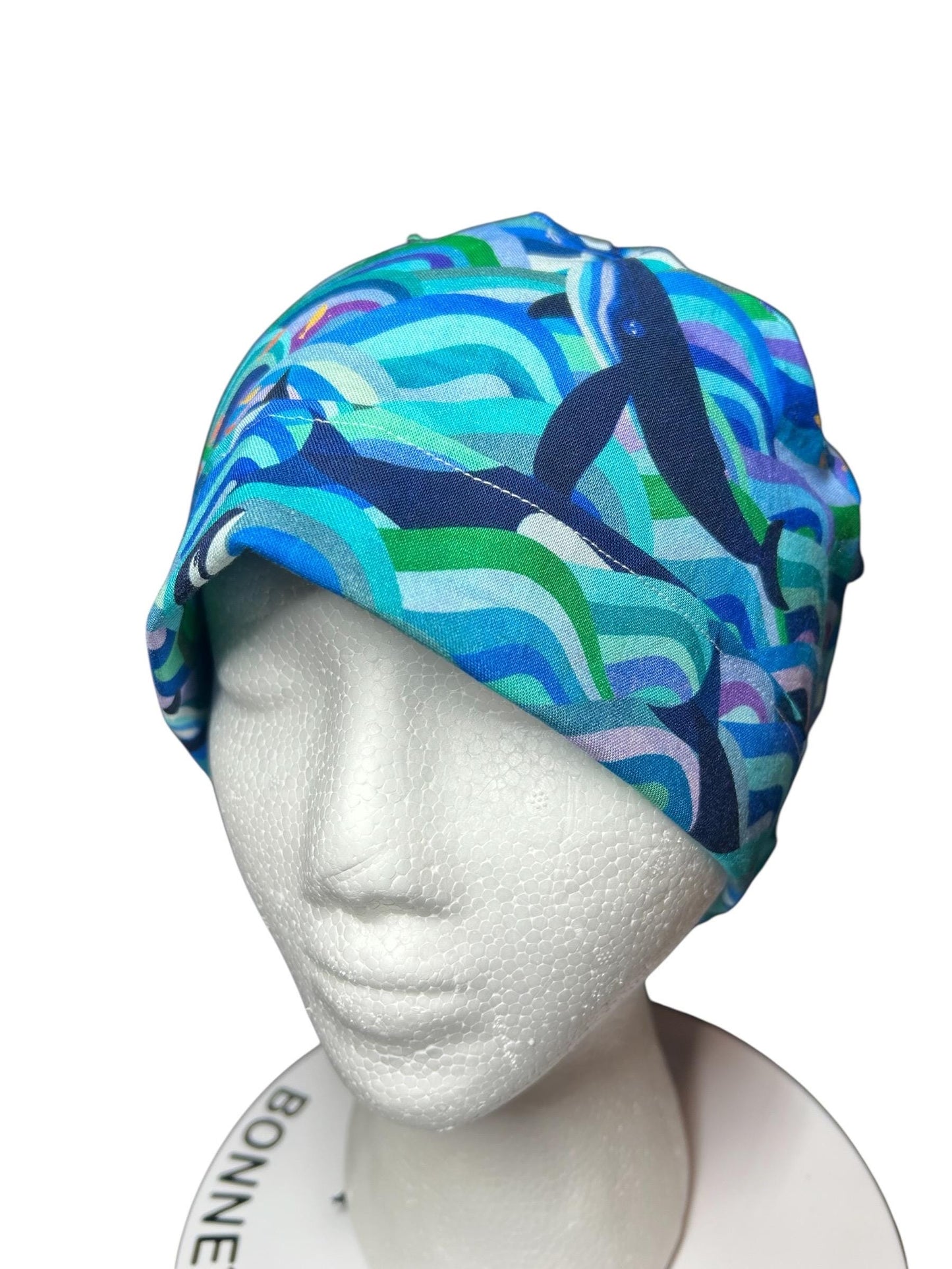 Ponytail Scrub Hat (Optional Satin Lining) | Colorful Orca Whales