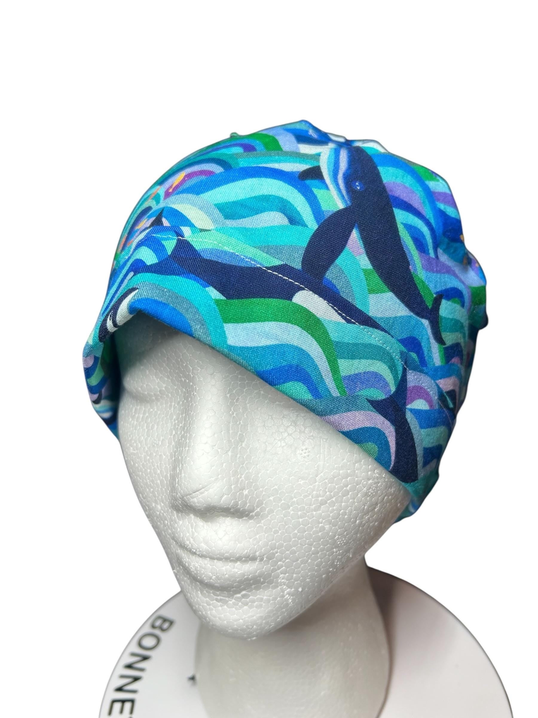 Ponytail Scrub Hat (Optional Satin Lining) | Colorful Orca Whales