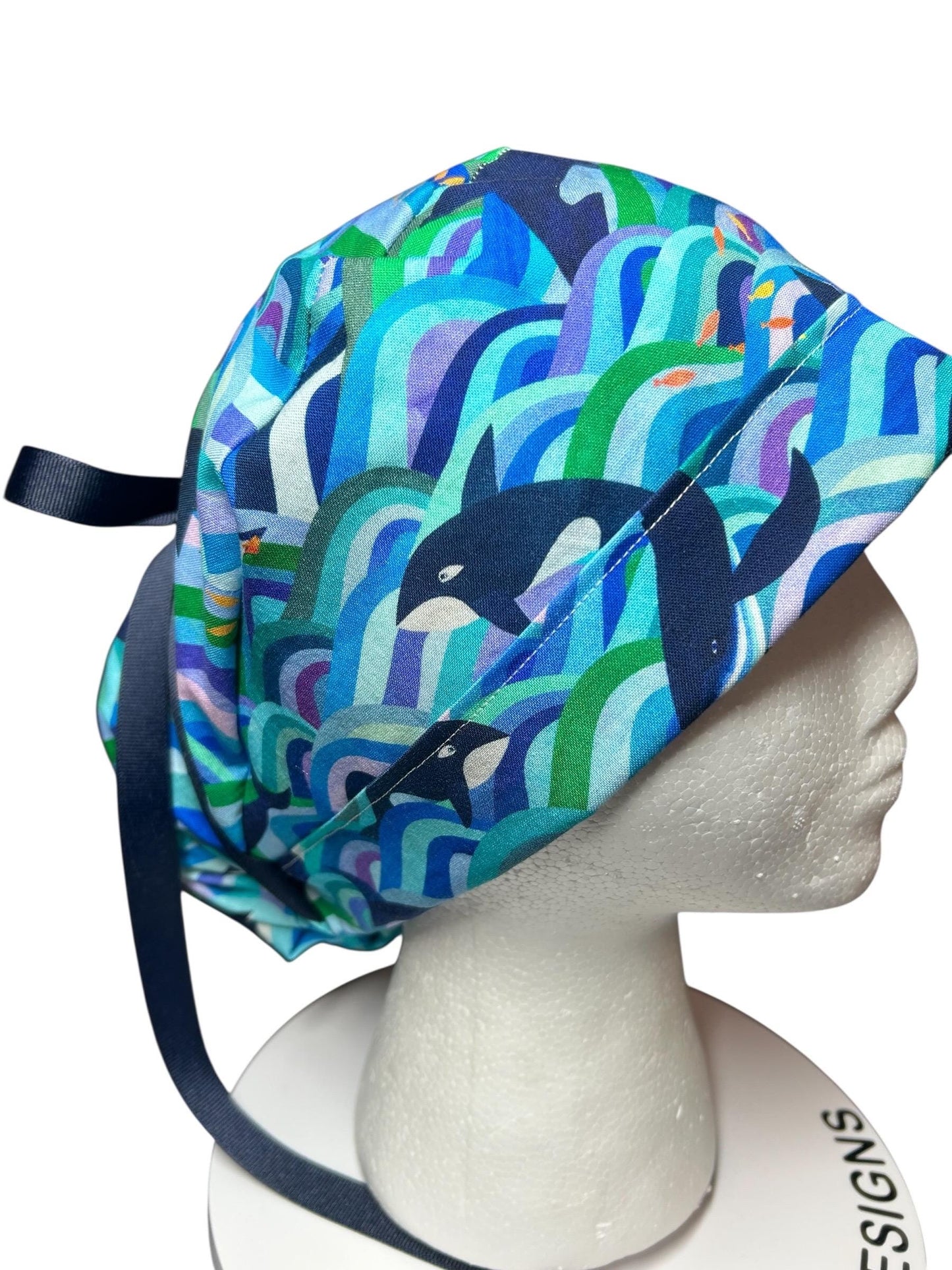 Ponytail Scrub Hat (Optional Satin Lining) | Colorful Orca Whales