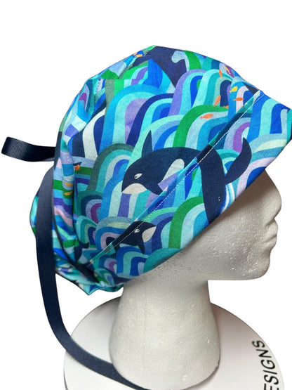 Ponytail Scrub Hat (Optional Satin Lining) | Colorful Orca Whales