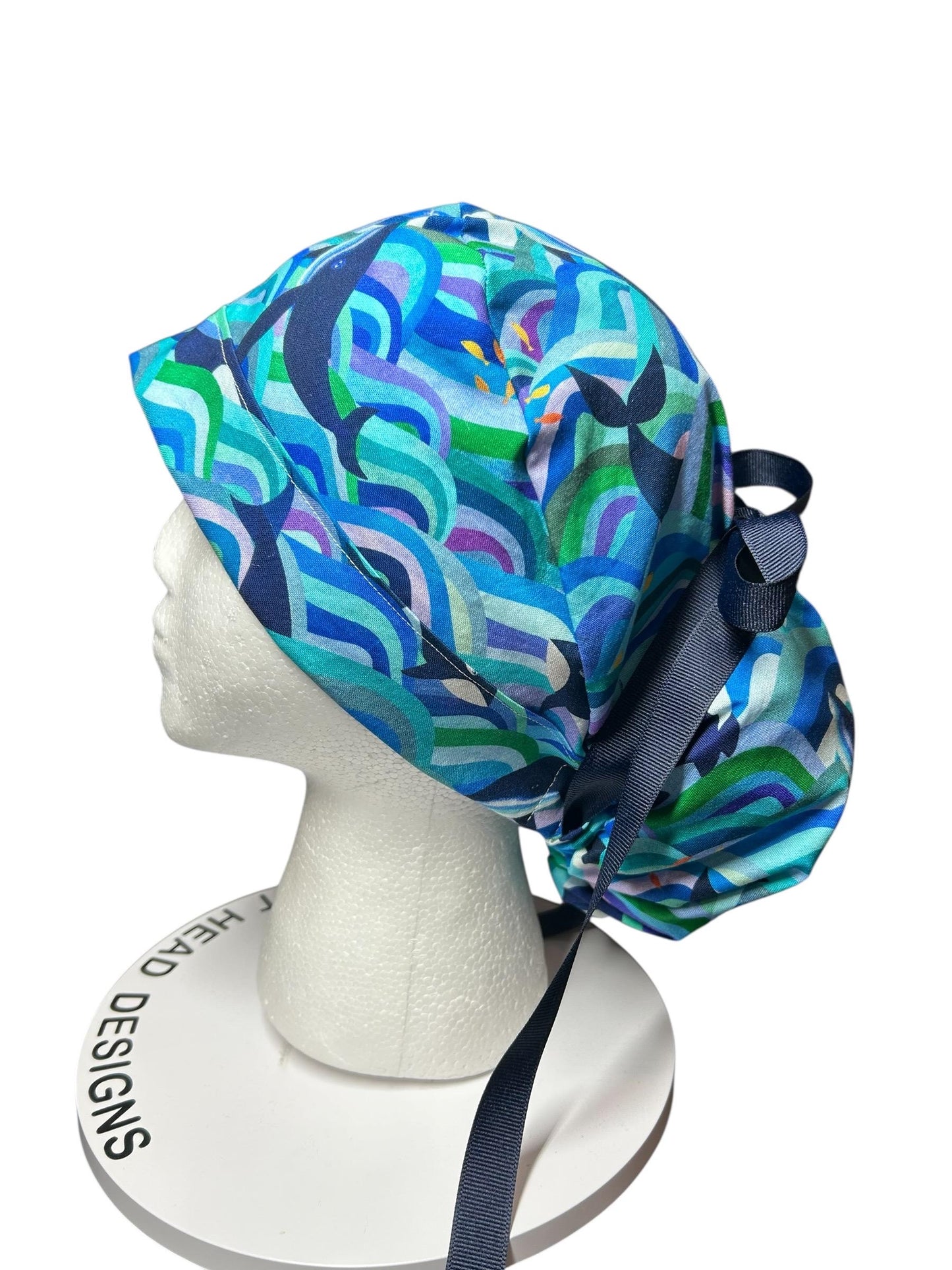 Ponytail Scrub Hat (Optional Satin Lining) | Colorful Orca Whales